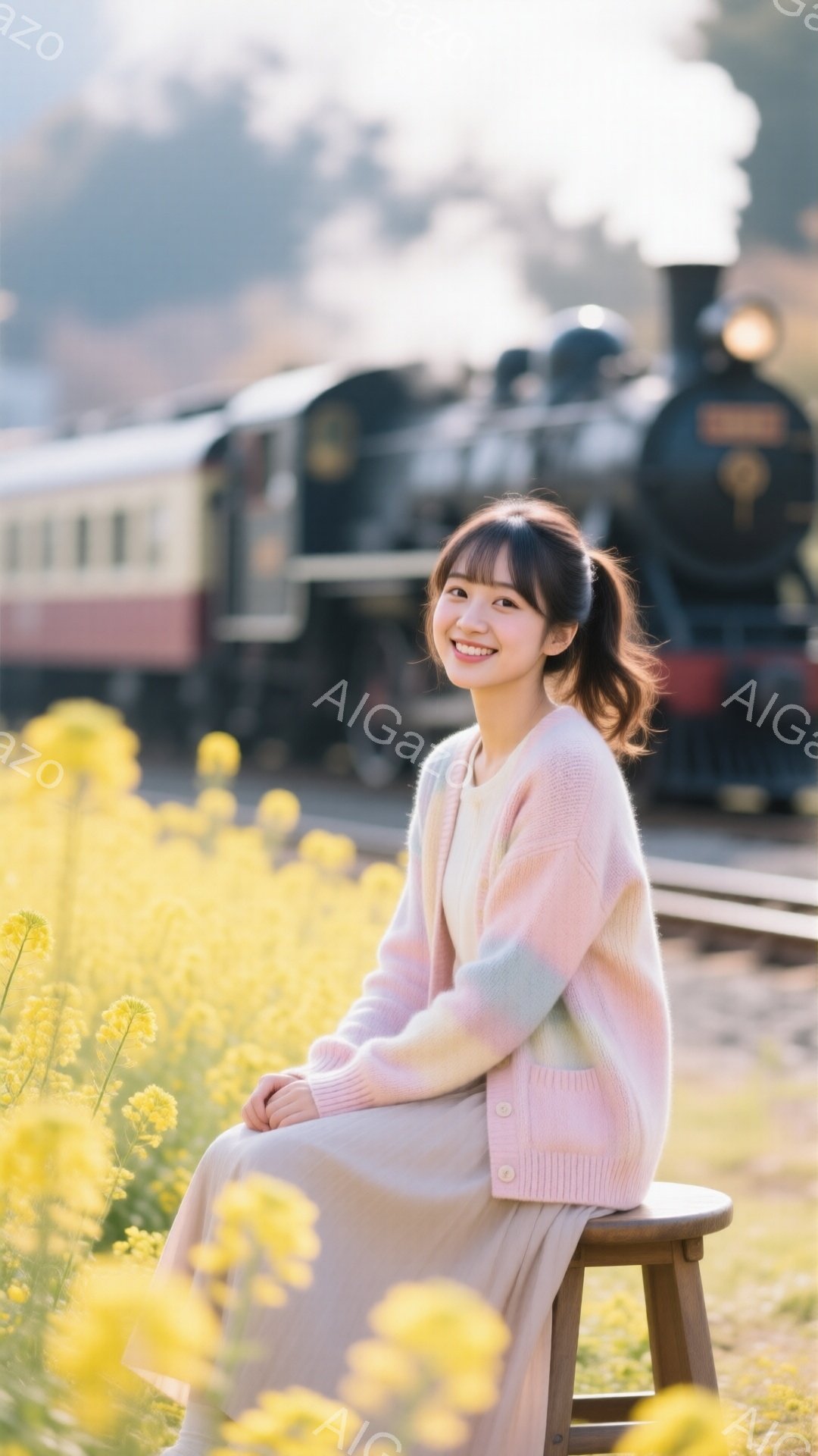 明るい黄色い菜の花畑に、ピンクと水色のグラデーションのカーディガンを着た若い女性が腰掛けている。彼女は膝を揃えて微笑んでおり、茶色の長い髪はハーフアップにされている。背景には蒸気機関車が煙を上げながら線路を走っており、春の穏やかで優しい雰囲気を醸し出している。