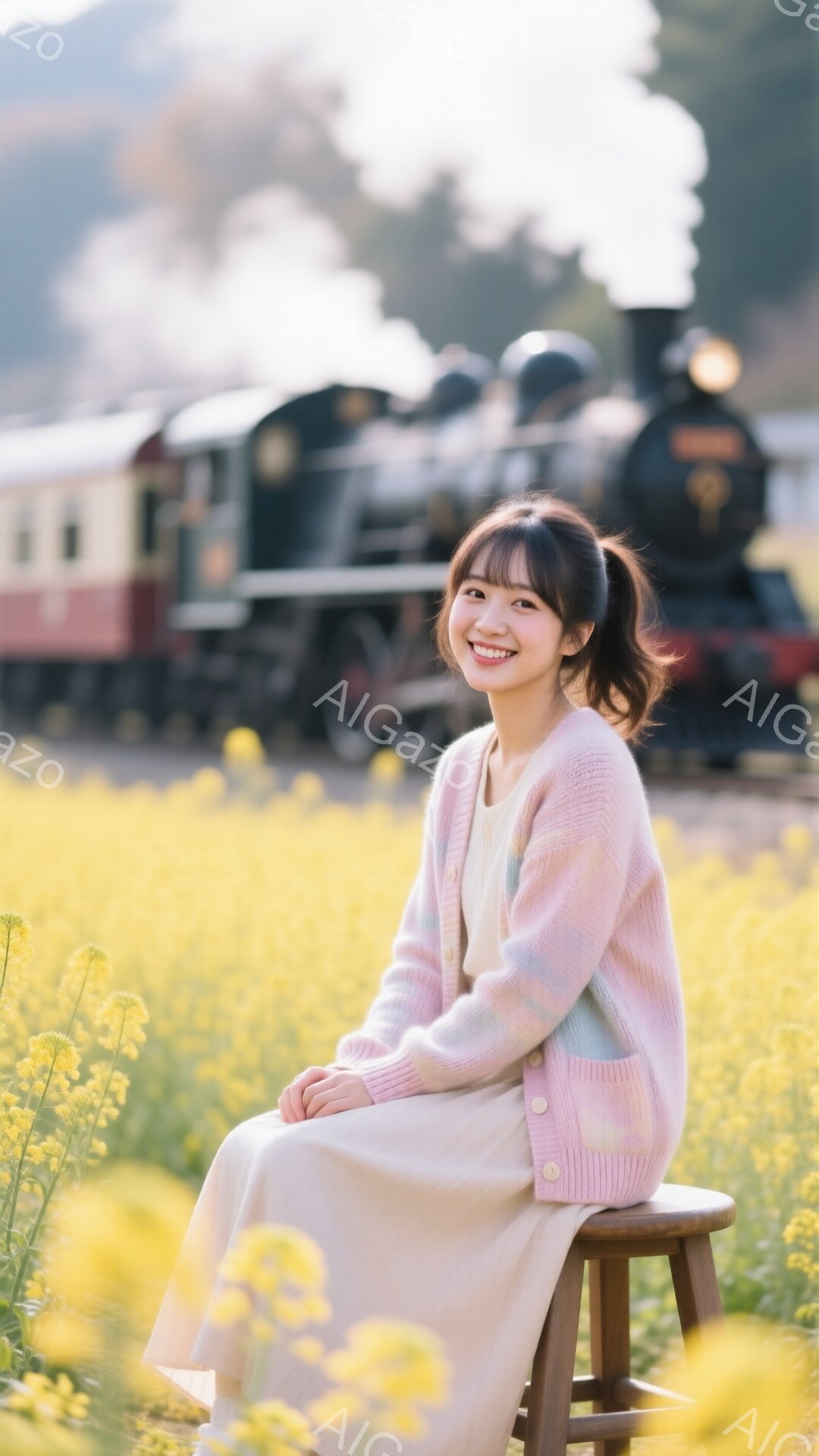 少女は、菜の花畑の中に置かれた小さなスツールに座り、優しい笑顔を浮かべています。ピンクと水色のグラデーションのカーディガンに、クリーム色のワンピース姿で、髪はハーフアップにしており、可愛らしい印象を与えます。背景には蒸気機関車がぼんやりと見え、晴れた空の下、春らしい暖かく穏やかな雰囲気が漂っています。