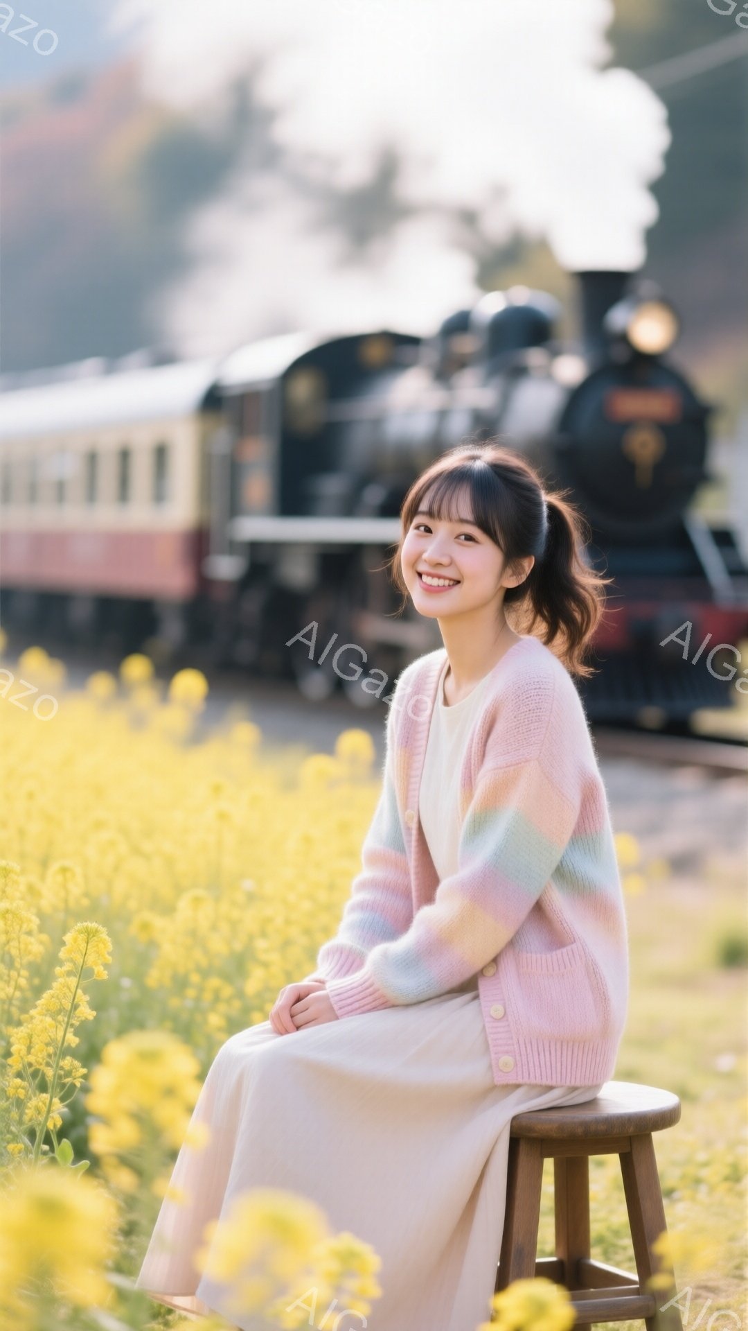 金色の菜の花畑に、ピンクと水色のグラデーションのカーディガンを羽織った若い女性が腰掛けている。彼女は微笑みを浮かべ、前髪を下ろしたヘアスタイルで、リラックスした雰囲気である。背景には蒸気機関車が煙を上げながら写っており、春の穏やかな陽気を感じさせる、暖かく鮮やかな光景だ。