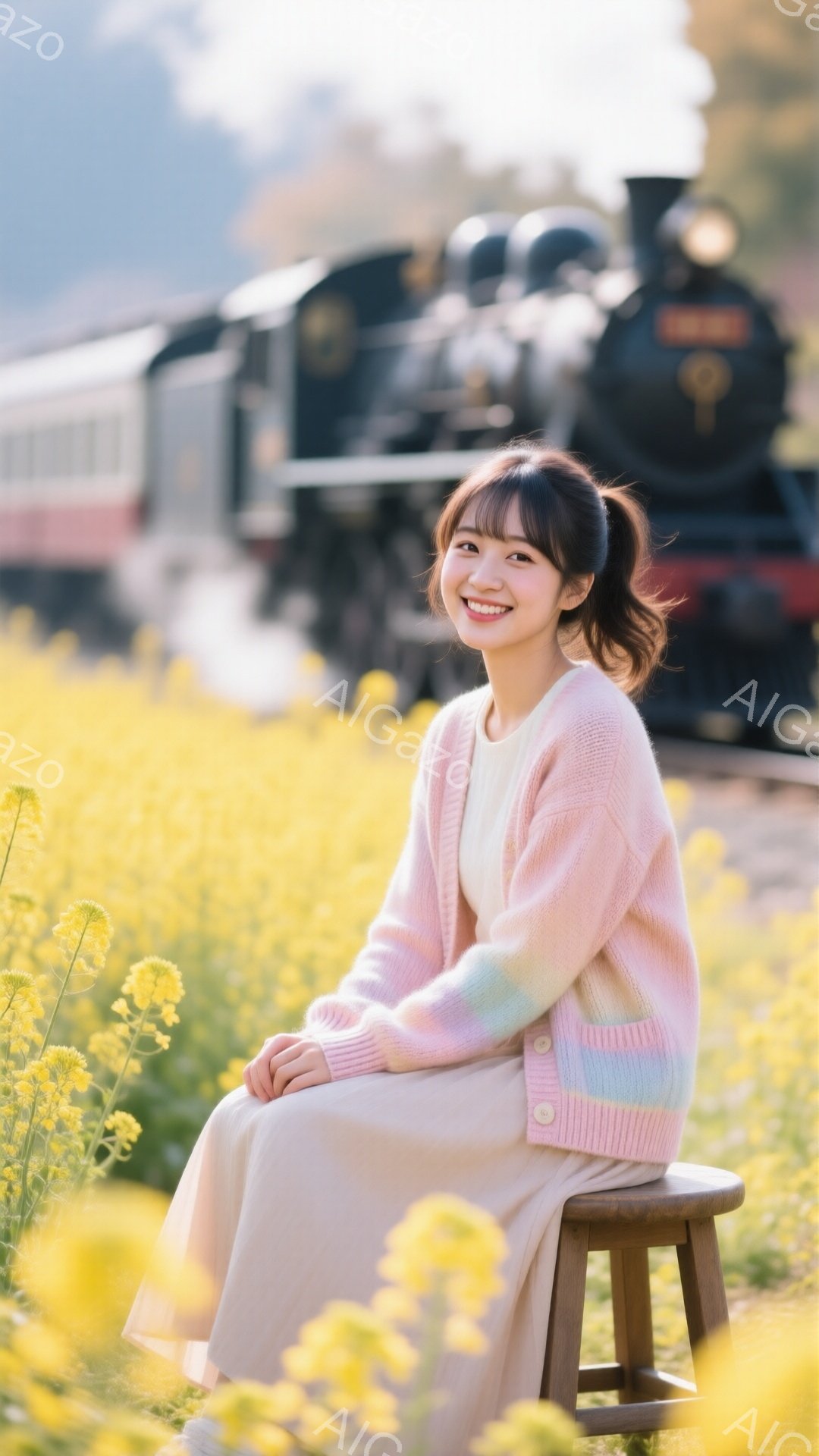 若い女性が菜の花畑に佇み、笑顔を見せています。淡いピンク色のグラデーションのかかったカーディガンと、優しいベージュ色のスカートを着用し、髪は軽くウェーブしたハーフアップスタイルです。背景には蒸気機関車がぼんやりと見え、春の穏やかな日差しの中で、暖かく優しい雰囲気が漂っています。
