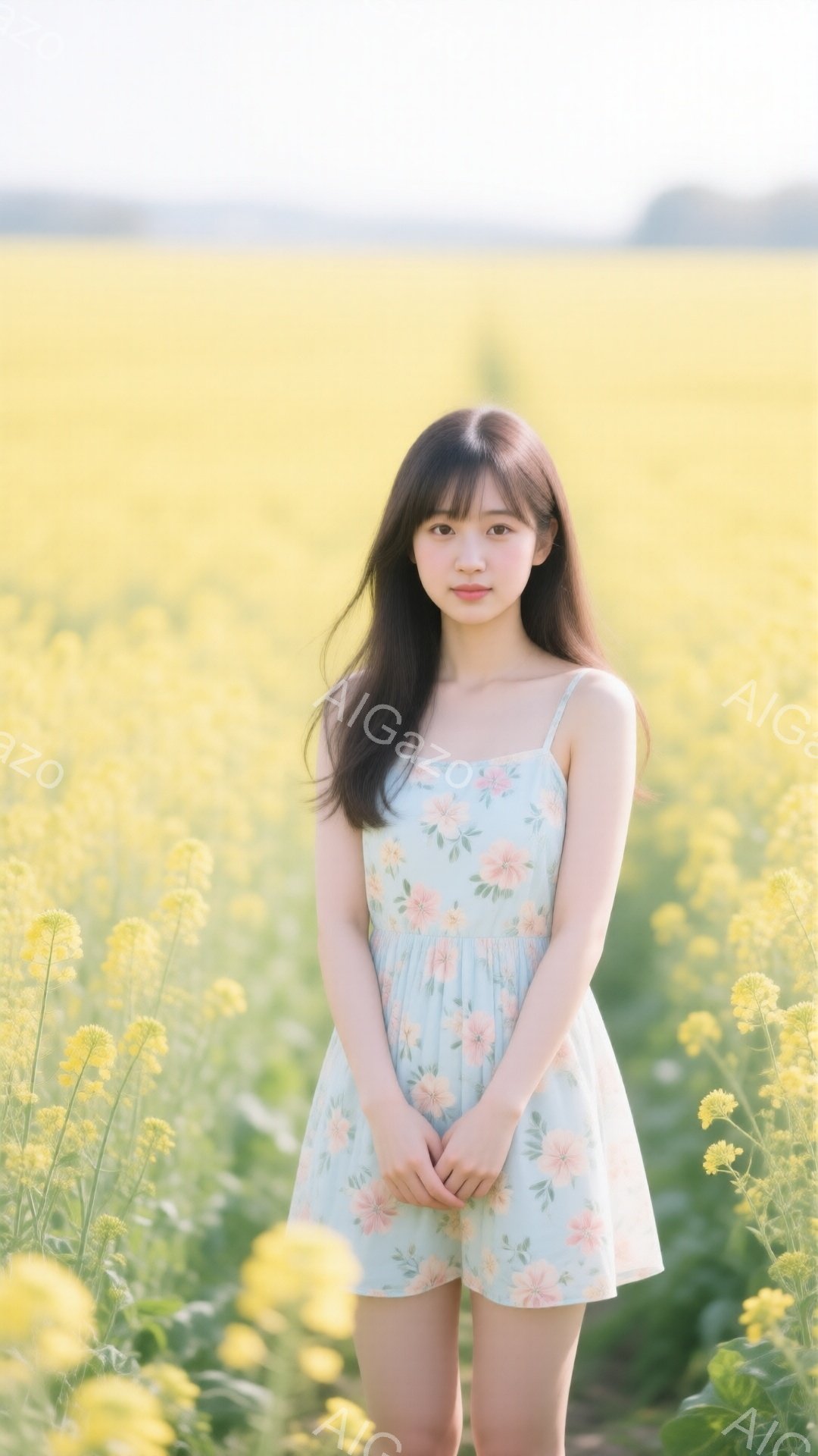 明るい黄色の菜の花畑に、花柄の淡い水色のワンピースを着た若い女性が立っている。彼女は黒髪で、少し微笑んでいる表情で、両手を前に組んで控えめな姿勢をとっている。背景は一面の菜の花で、遠くには緑の丘が見え、晴れた日の穏やかな雰囲気を醸し出している。