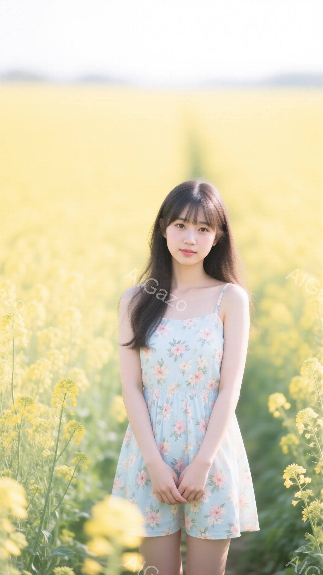 薄い水色の花柄のワンピースを着た若い女性が写っています。彼女は長い黒髪で、前髪は眉毛にかかるようにカットされています。背景は黄色い菜の花畑で、穏やかで暖かい雰囲気を醸し出しています。