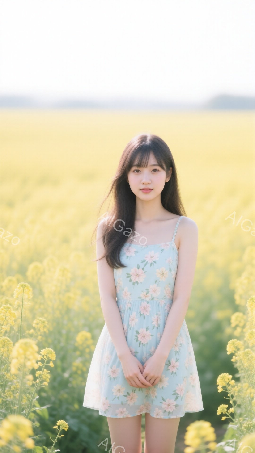 若い女性が花畑の中に立っており、水色の花柄のキャミソールワンピースを着ています。彼女は長い黒髪で、前髪は少し眉毛にかかるようにカットされ、穏やかな微笑みを浮かべています。背景は一面の黄色い花で埋め尽くされており、明るい日差しが降り注ぎ、春の暖かく柔らかな雰囲気を醸し出しています。