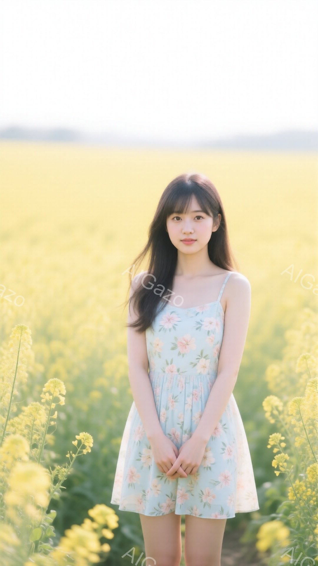 明るい黄色の菜の花畑の中に、ワンピースを着た若い女性が立っている。彼女は肩までの黒髪で、顔には穏やかな微笑みが浮かび、両手を前に組んでいる。背景は一面に広がる菜の花で、柔らかい日差しが全体を暖かく照らし、平和で穏やかな雰囲気を醸し出している。