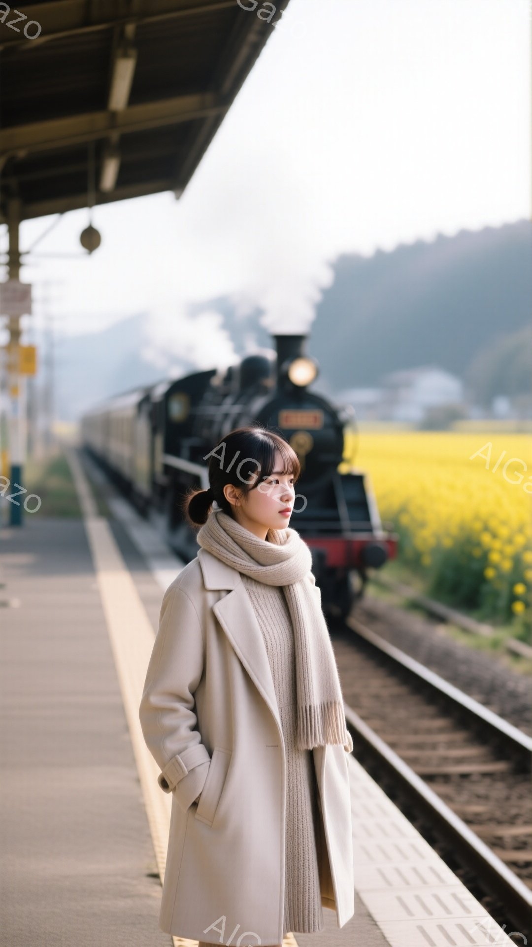 薄茶色のコートとスカーフを身につけた女性が、駅のホームに立っている。彼女は軽く前かがみになり、遠くを見つめており、表情は穏やかでどこか物憂げだ。背景には蒸気機関車が走り、一面に広がる黄色い花畑が春の暖かな雰囲気を醸し出している。