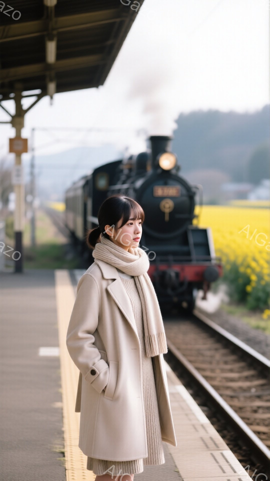 明るい茶色のコートとマフラーを身につけた若い女性が、線路沿いの駅のプラットフォームに立っている。彼女は少し微笑み、遠くの風景を見つめている。背景には蒸気機関車が走り、黄色い花畑が広がり、穏やかでノスタルジックな雰囲気を醸し出している。