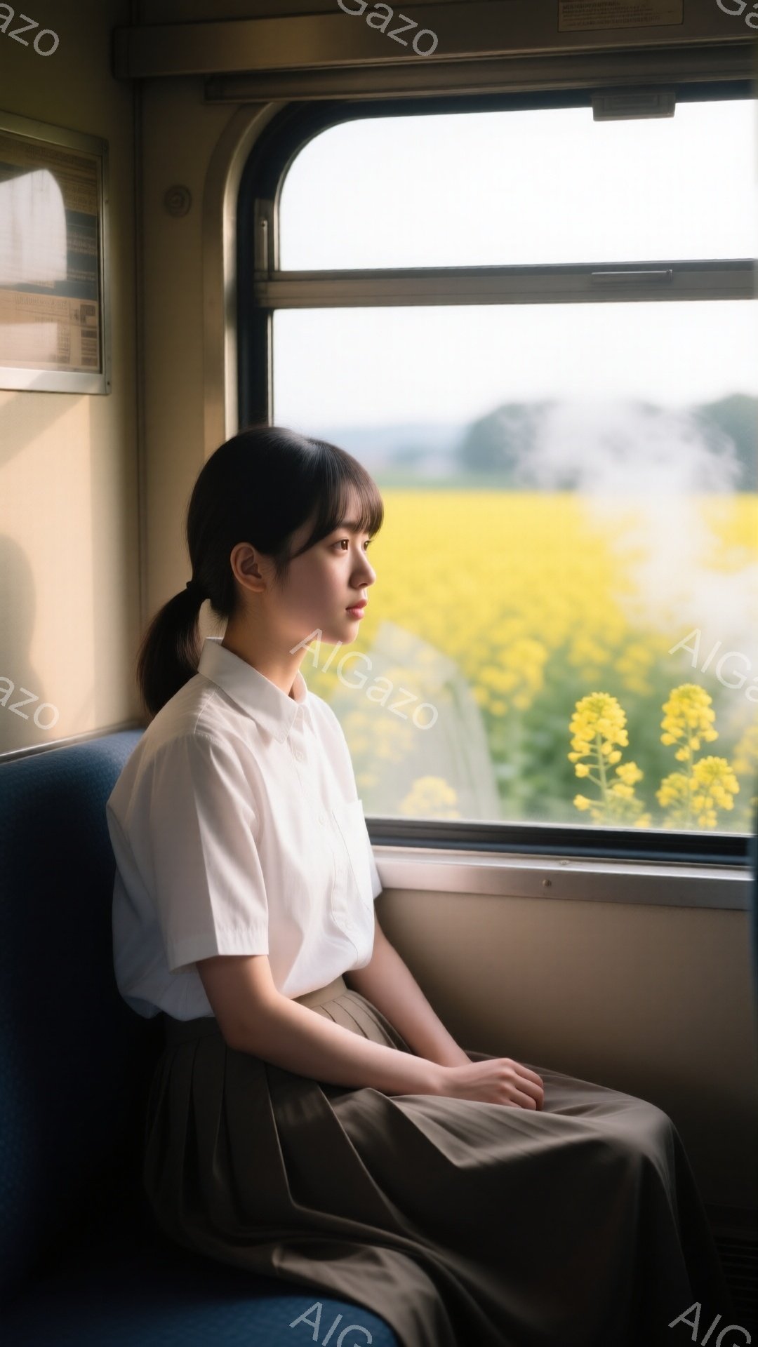 少女は窓際の青い座席に座り、遠くを見つめています。白いシャツにベージュのスカートを身につけ、髪は後ろで一つに結ばれており、表情はどこか物憂げです。窓の外には黄色い花畑が広がり、列車が移動する様子から、旅情を感じさせる穏やかな雰囲気です。