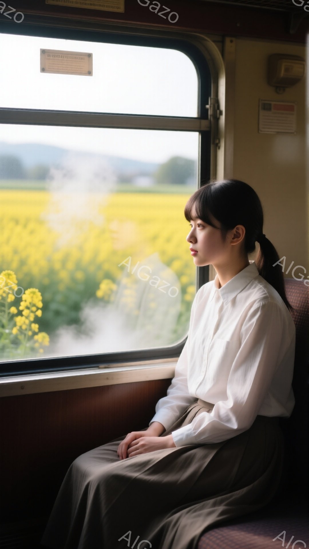 長い黒髪を後ろで一つに結んだ若い女性が、電車の窓際に座っています。白いシャツと茶色のスカートを着用し、少し物憂げな表情で遠くの黄色い花畑を眺めています。窓の外には緑の田園風景が広がり、穏やかで少し寂しげな雰囲気を醸し出しています。