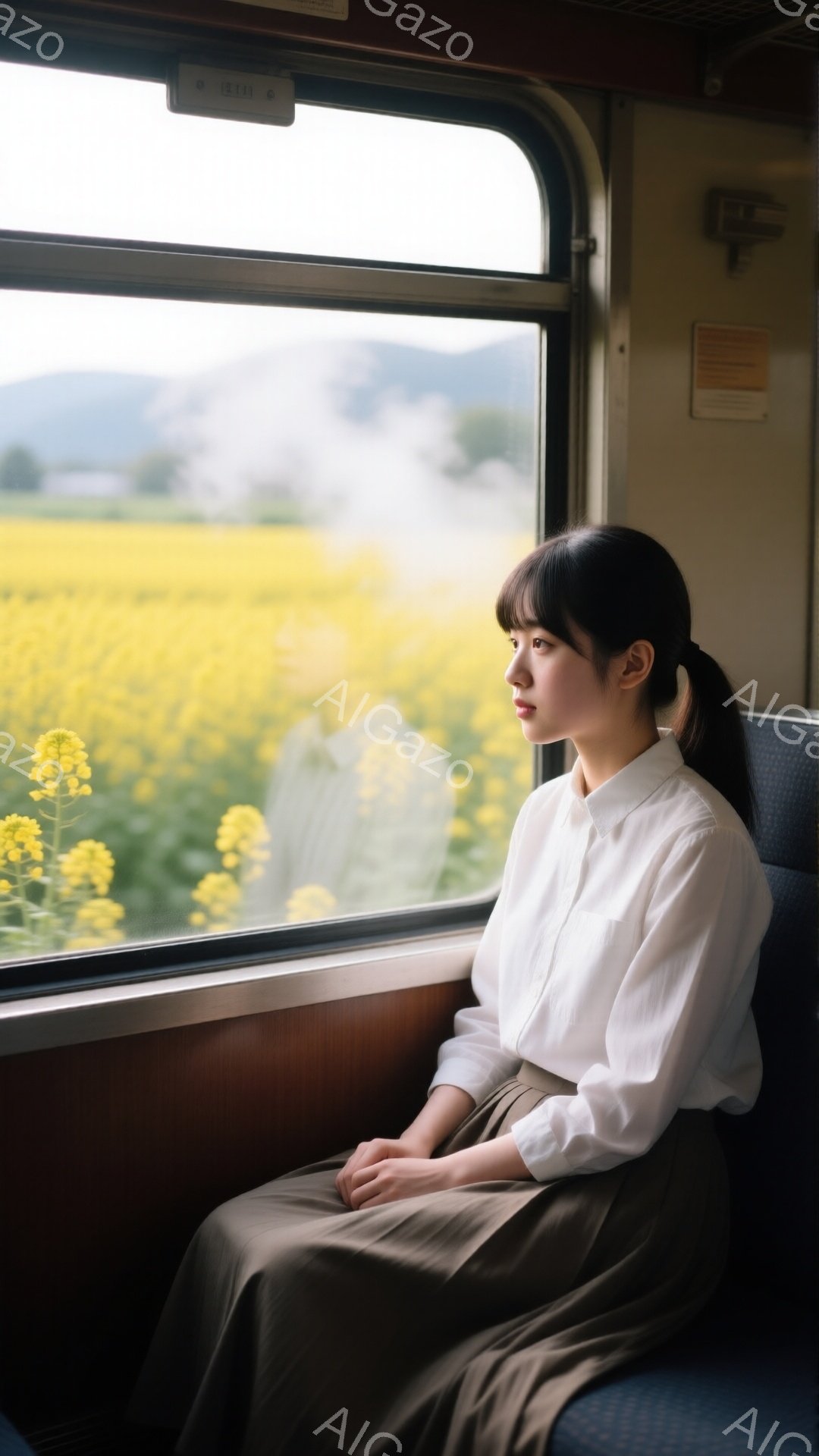 若い女性が列車の窓際に座り、外を眺めている。彼女は白いシャツと茶色のスカートを着ており、髪は後ろで一つに結ばれている。窓の外には広大な菜の花畑が広がり、穏やかで少し物憂げな雰囲気を醸し出している。