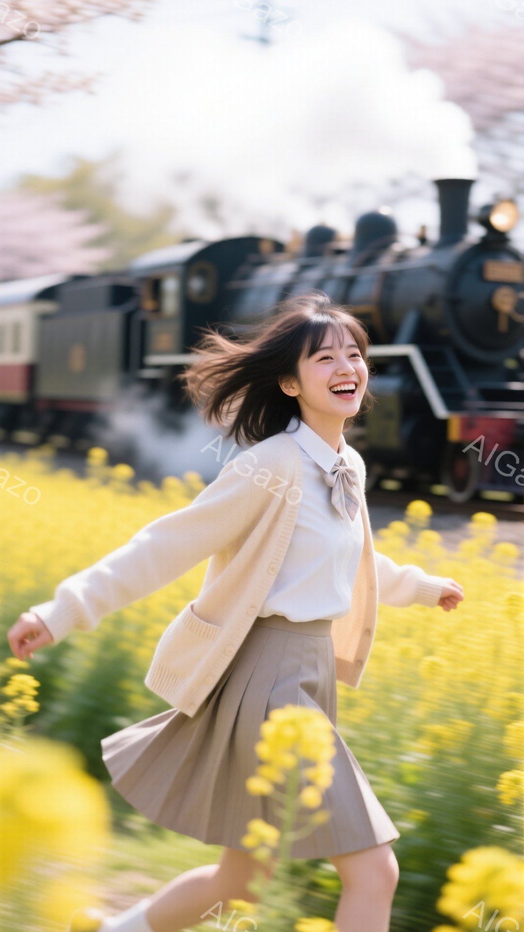 明るい黄色い菜の花畑を、笑顔の女性が駆けている様子が写っている。オフホワイトのカーディガンとブラウス、ベージュのプリーツスカートという清楚な装いで、髪は肩までの長さで少しカールしている。背景には蒸気機関車が煙を上げており、春の暖かな日差しと菜の花の鮮やかな黄色が、幸福感に満ちた雰囲気を醸し出している。