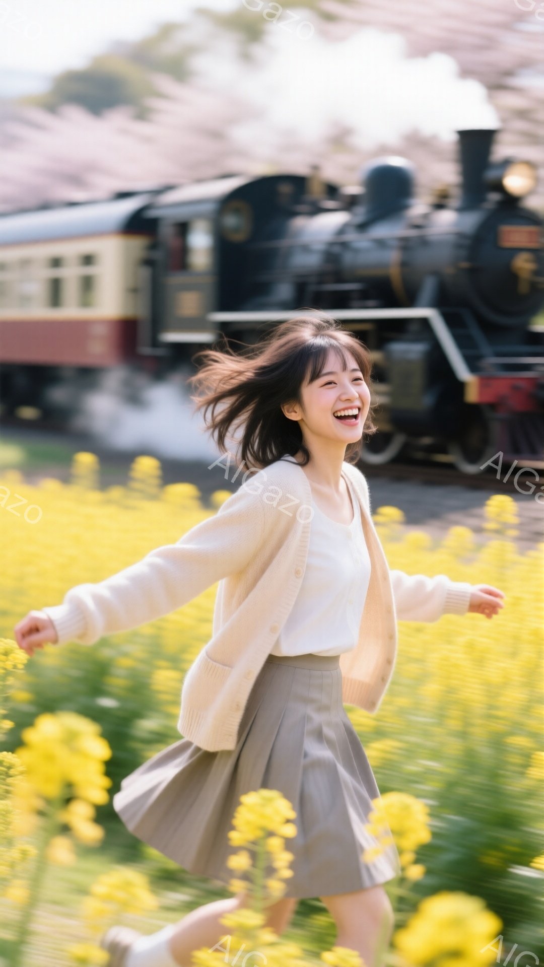 若い女性が黄色い菜の花畑を走りながら、満面の笑みを浮かべている。彼女は白いインナーにベージュのカーディガン、そして茶色のプリーツスカートを身につけ、髪は肩のあたりで軽くウェーブしている。背景には蒸気機関車が立ち込める煙と共に写り、春の暖かく明るい雰囲気を演出している。