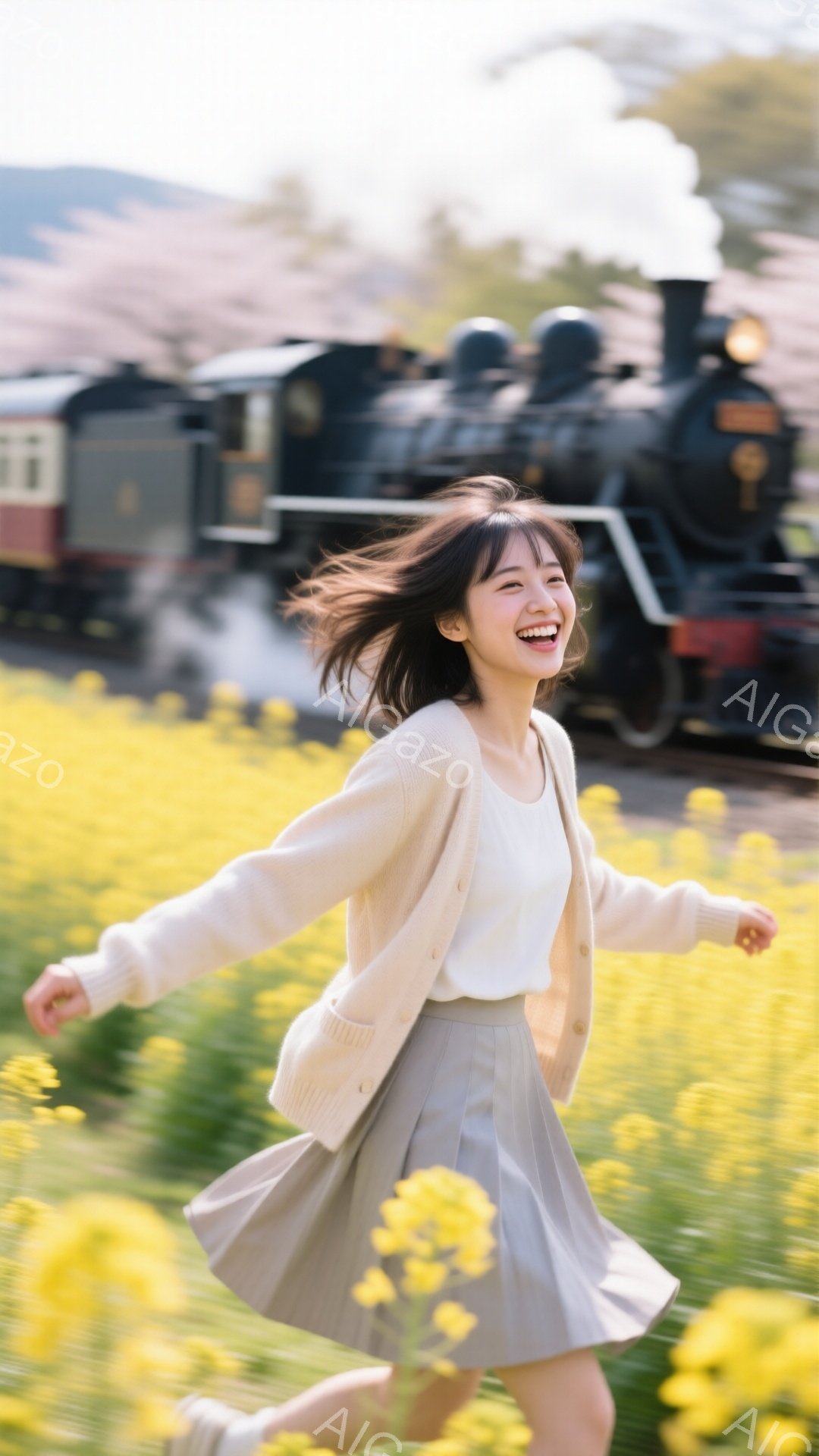 金色の菜の花畑を背景に、若い女性が笑顔で走っている様子が写っている。ベージュのカーディガンと白いインナー、グレーのスカートを着用し、髪を軽く揺らしながら、両手を広げて楽しんでいる。背景には蒸気機関車が煙を上げながら走り、春の暖かな日差しと花畑が、幸福感あふれる雰囲気を演出している。