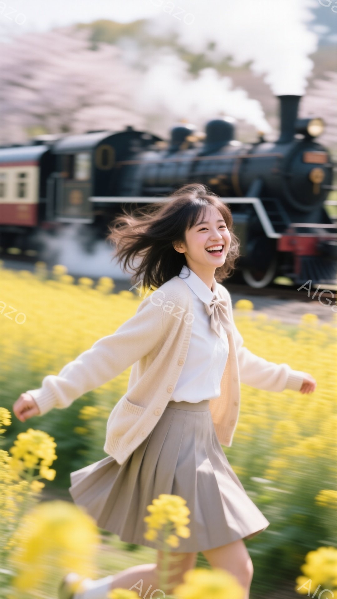 若い女性が菜の花畑を駆け抜けている様子が写っている。オフホワイトのカーディガン、白いシャツ、ベージュのスカートを身に着け、髪は肩までの長さで少し動きのあるヘアスタイル、顔は笑顔で、生き生きとしている。背景には蒸気機関車がぼんやりと見え、春の穏やかな晴天の中で、明るく希望に満ちた雰囲気が漂っている。