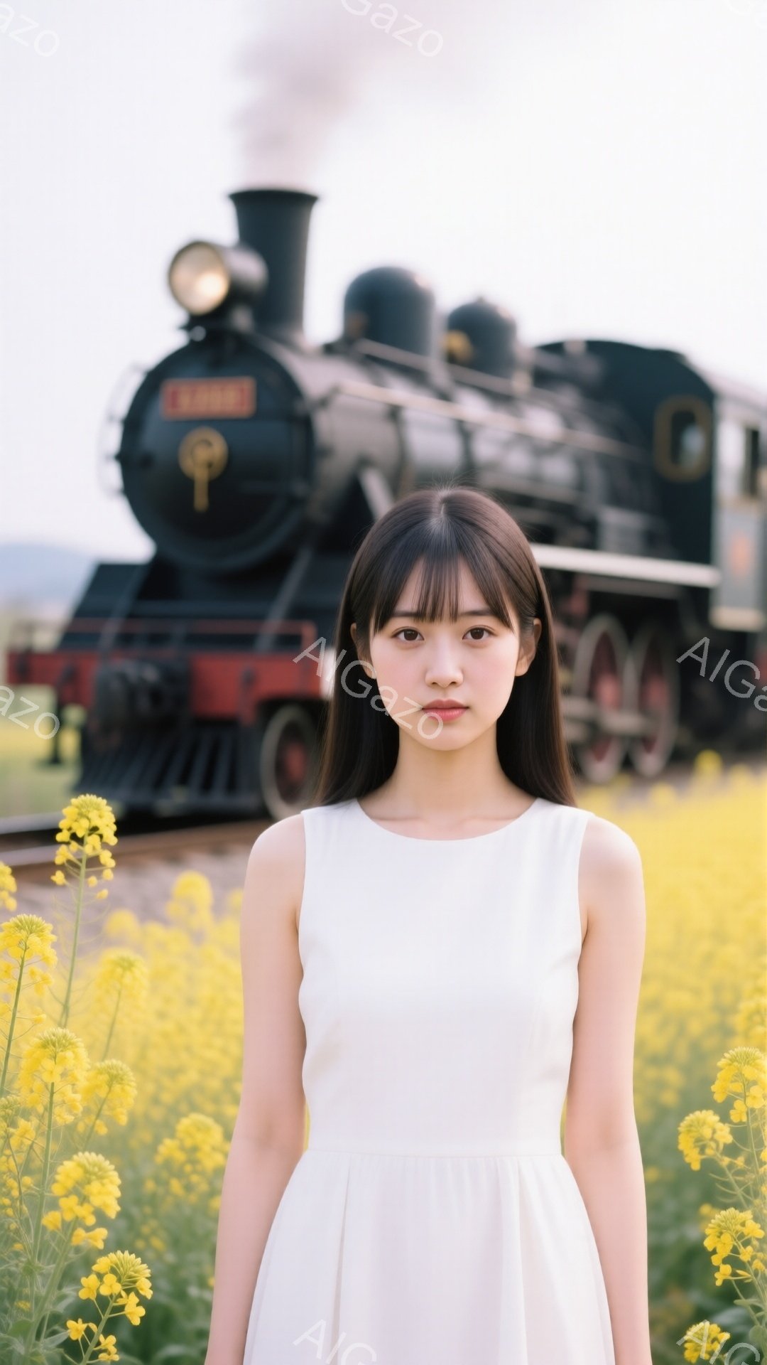 若い女性が、黄色い菜の花畑を背景に立っている。白いワンピースを着ており、黒髪を肩まで伸ばしたストレートヘアで、穏やかな表情をしている。背景には蒸気機関車がぼやけて写っており、春の暖かく柔らかな日差しが全体を包んでいる。