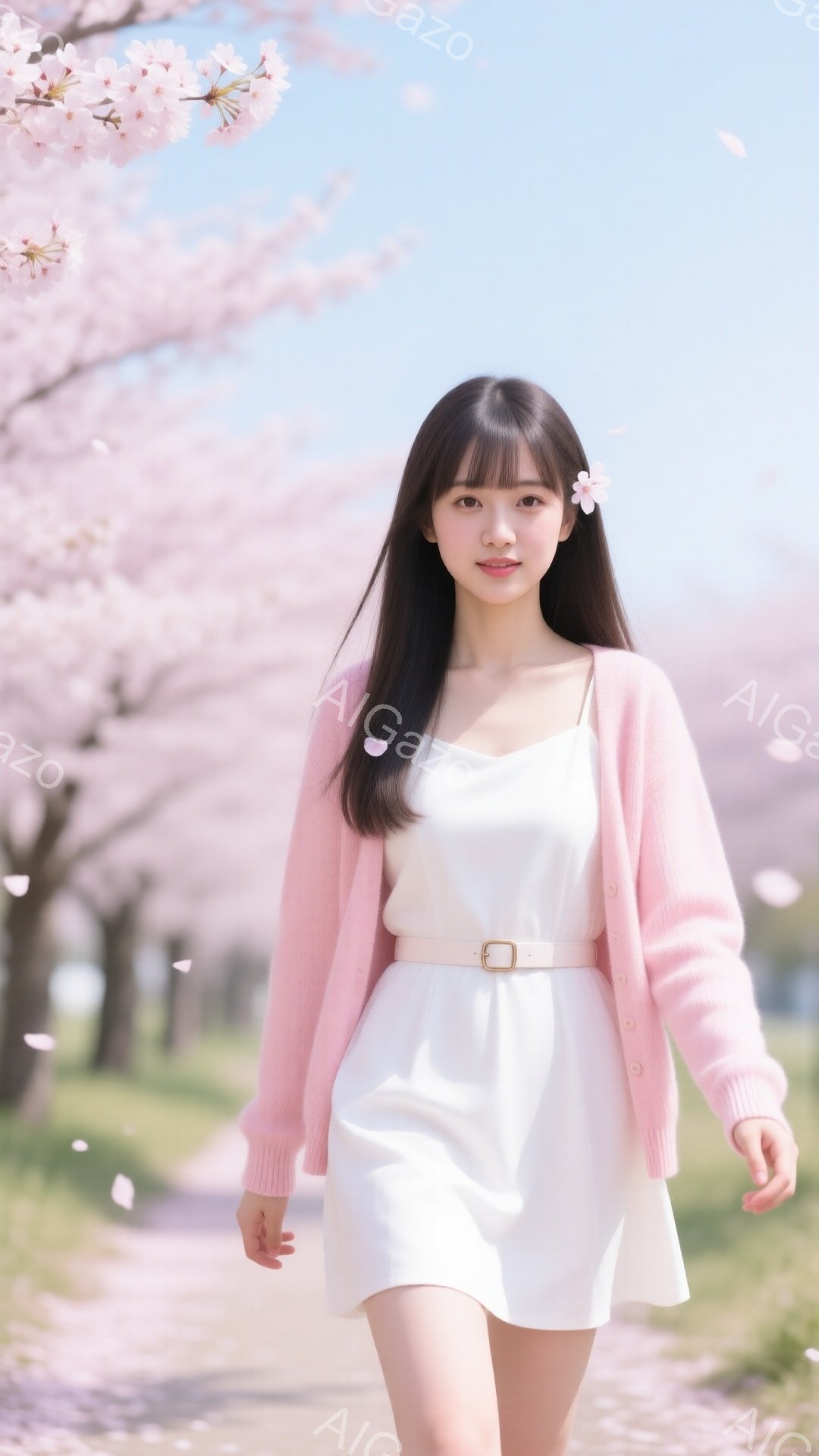 黒髪で前髪のある若い女性が、ピンクのカーディガンと白いワンピースを着て、歩いています。彼女は優しい笑顔を見せ、髪には小さな白い花飾りをつけています。背景には桜並木が広がり、散りゆく花びらが舞い、春の暖かく穏やかな雰囲気を醸し出しています。