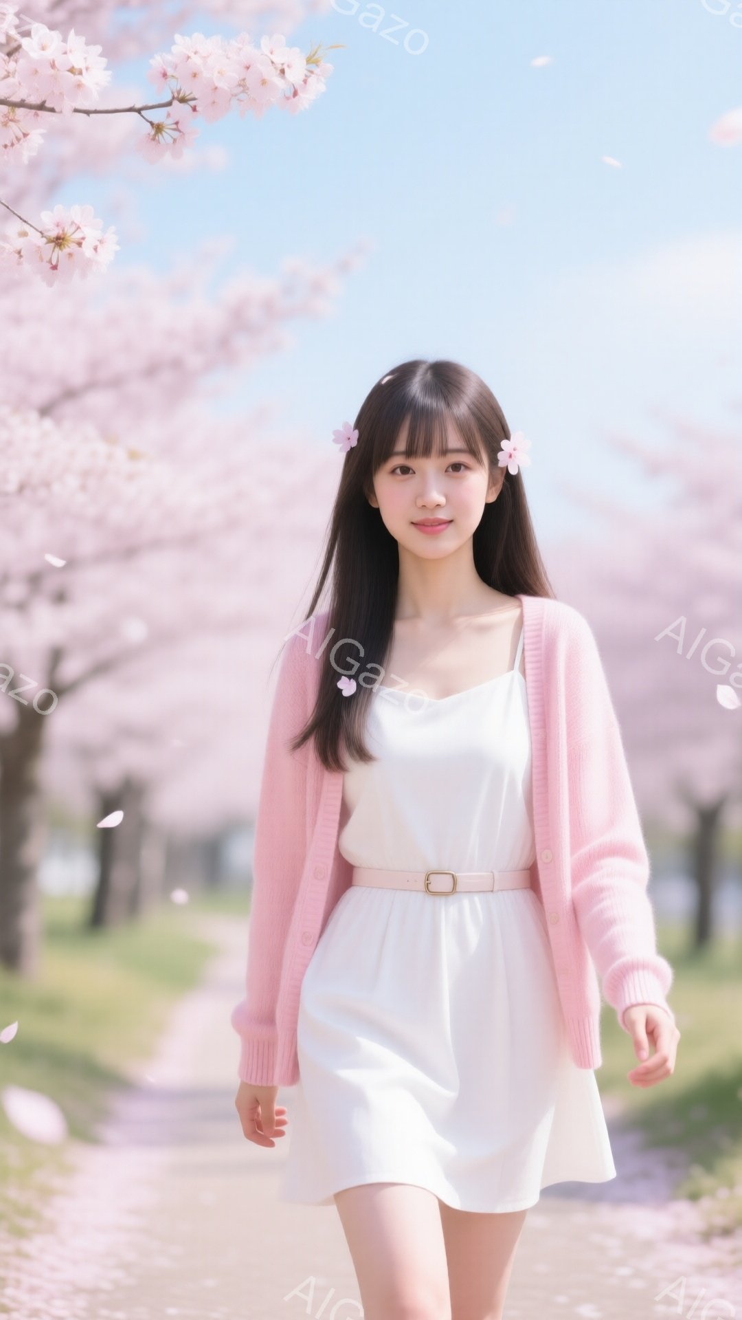 若い女性が桜並木を歩いています。彼女は白いキャミソールワンピースに、薄いピンク色のカーディガンを羽織り、白いベルトでウエストマークしています。髪はストレートで前髪は少し短く、ピンク色の花飾りをつけてい - AI生成フリー素材