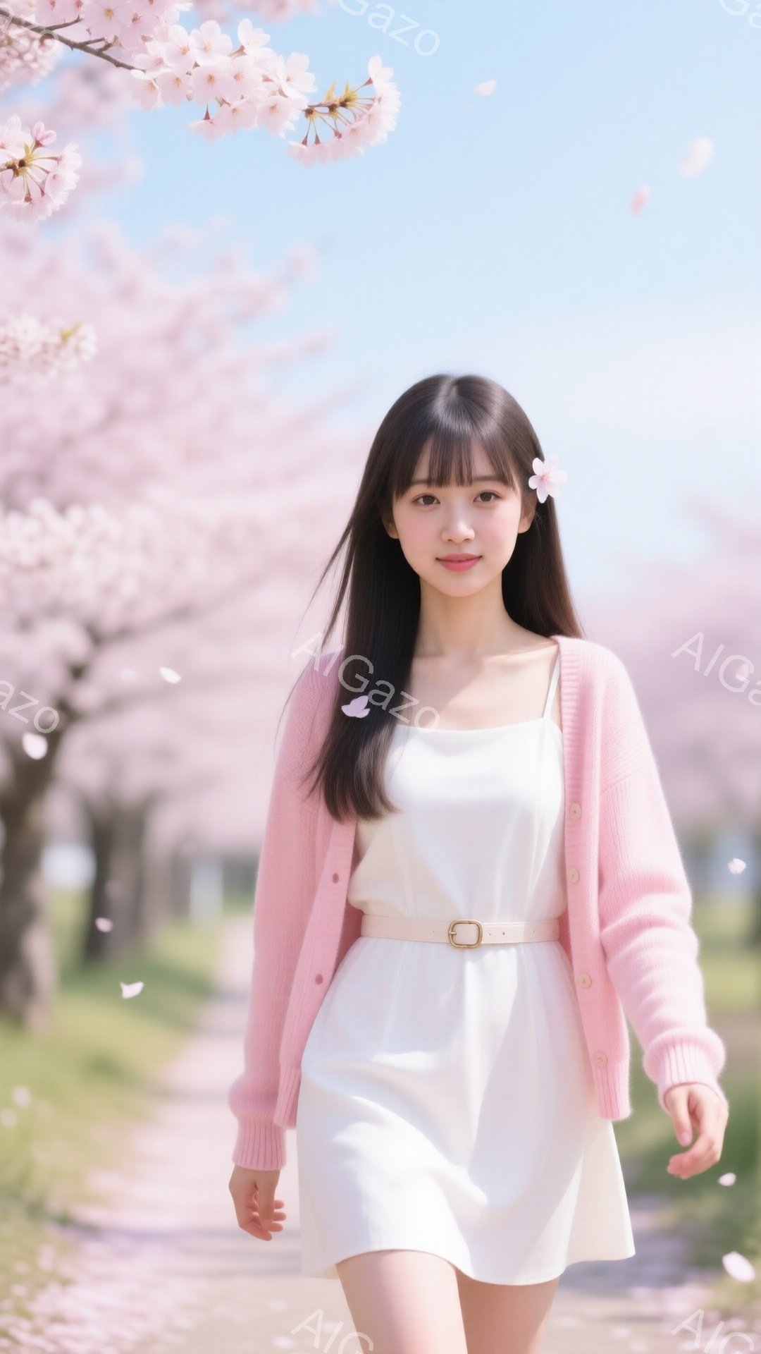 彼女は白いキャミソールワンピースに、薄いピンク色のカーディガンを羽織っています。黒髪で前髪は少しふんわりとカールし、髪飾りをつけています。背景には桜が咲き誇り、散りゆく花びらが舞い、春の穏やかな雰囲気を醸し出しています。