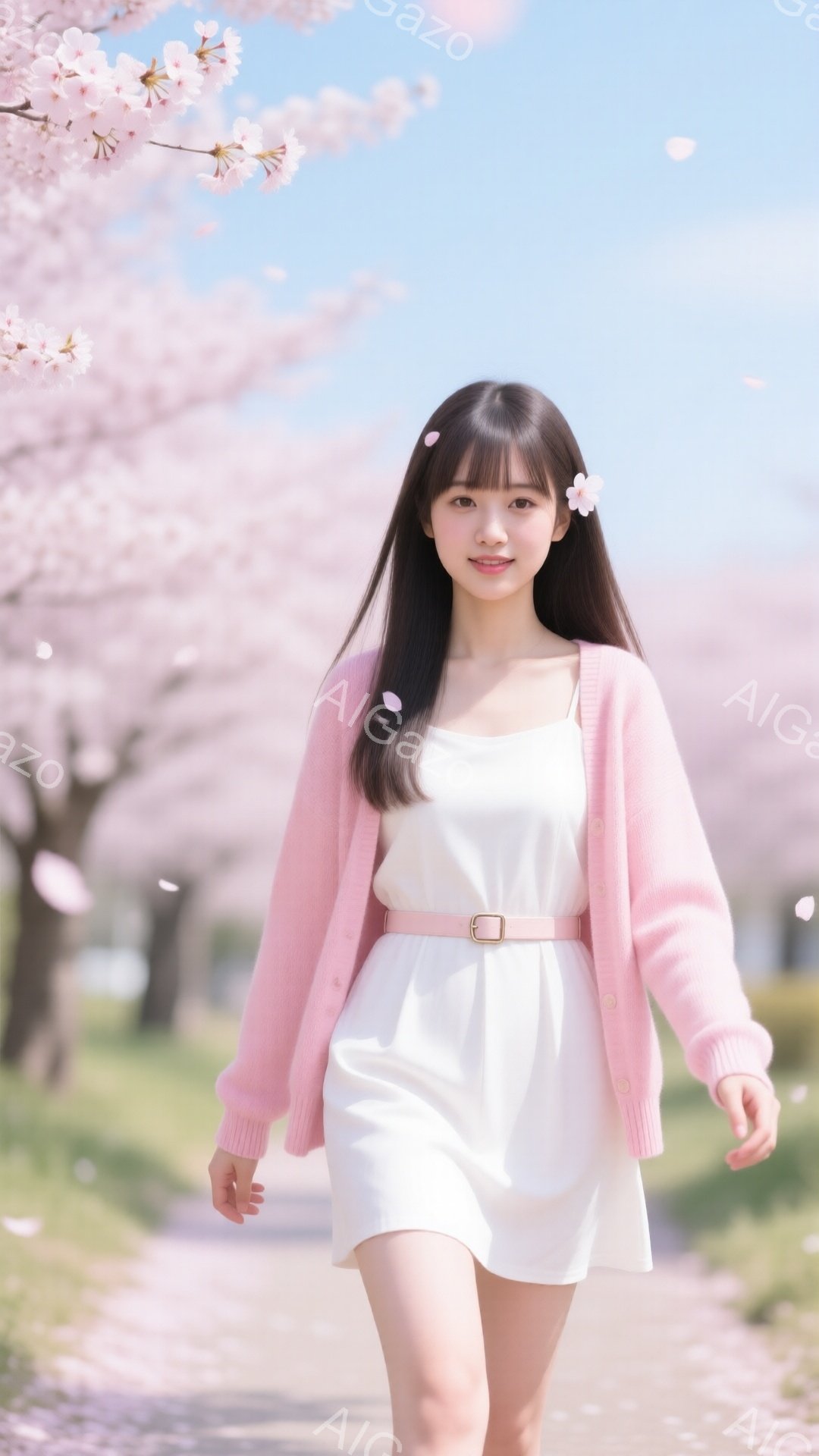 桜並木を歩く若い女性が写っている。白いワンピースにピンク色のカーディガンを羽織り、ベルトでウエストマークしている。彼女は微笑んでおり、髪には花の飾りをつけている。