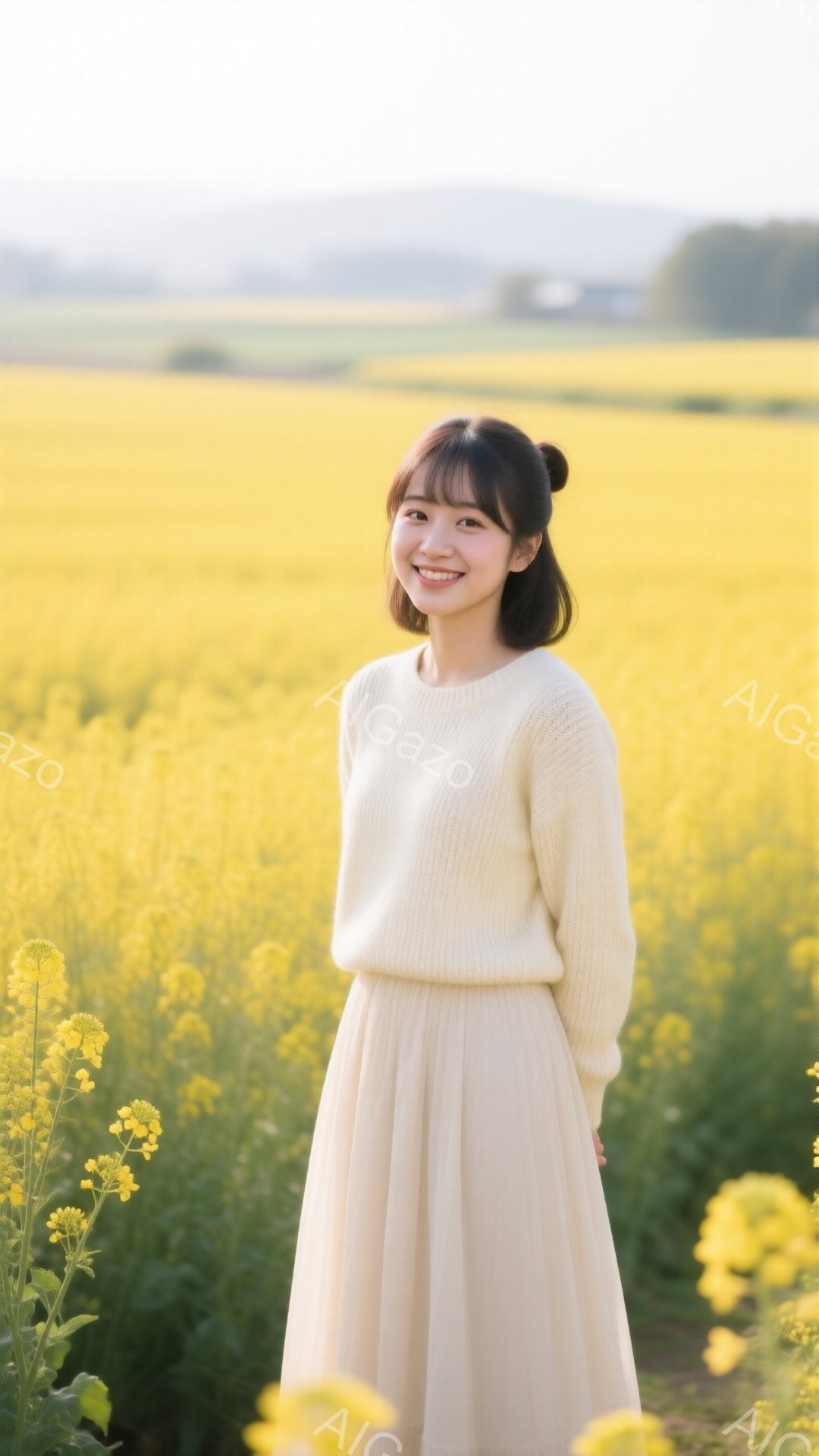 少女は、明るい黄色い菜の花畑で微笑んでいます。オフホワイトのセーターと、ふんわりとしたスカートを身に着け、髪は後ろで一つに結んでいます。背景には、ぼんやりと山々が見え、全体的に暖かく、穏やかな雰囲気が漂っています。