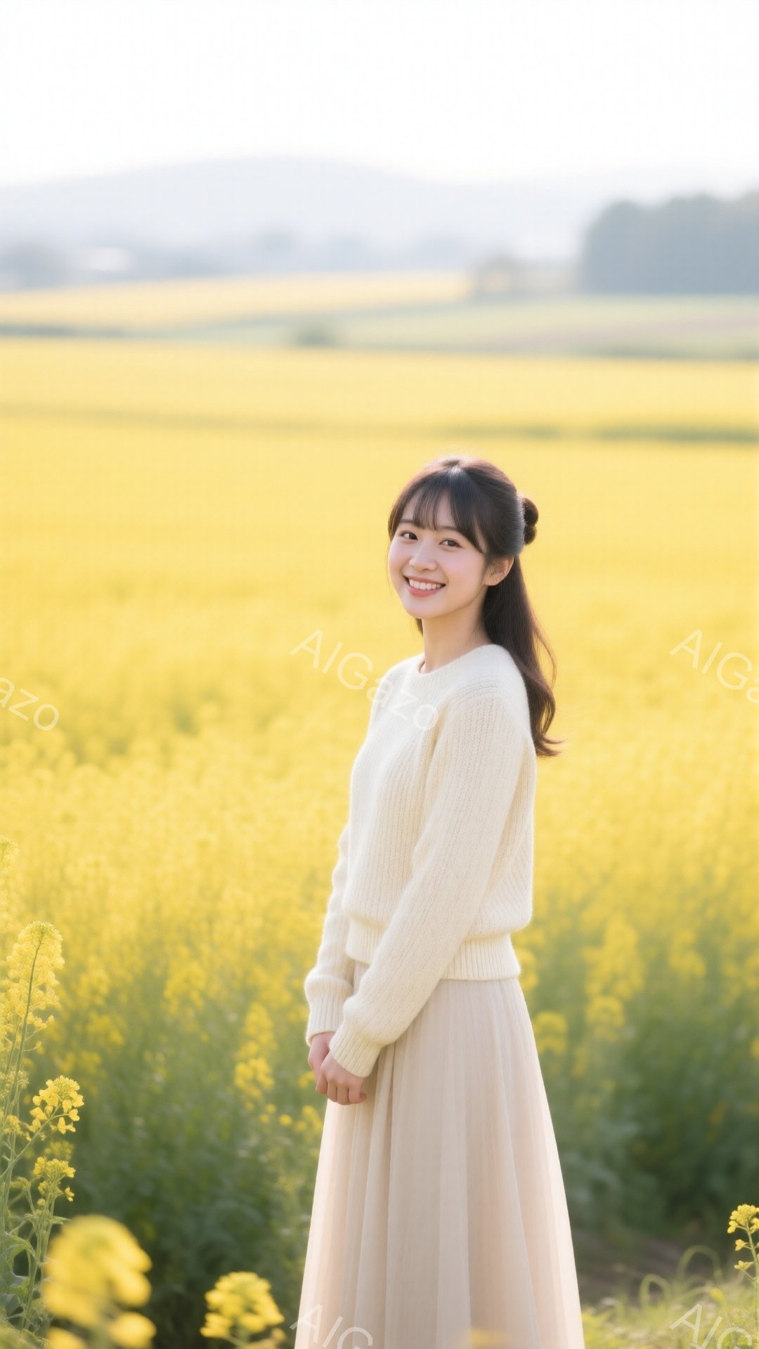 明るい黄色い菜の花畑の中に、ベージュのニットとロングスカートを着た女性が立っている。彼女は軽く微笑み、少し内側に入った視線でこちらを見ている。背景には、ぼやけた緑の丘と穏やかな空が広がり、暖かく柔らかな春の日の雰囲気が漂っている。