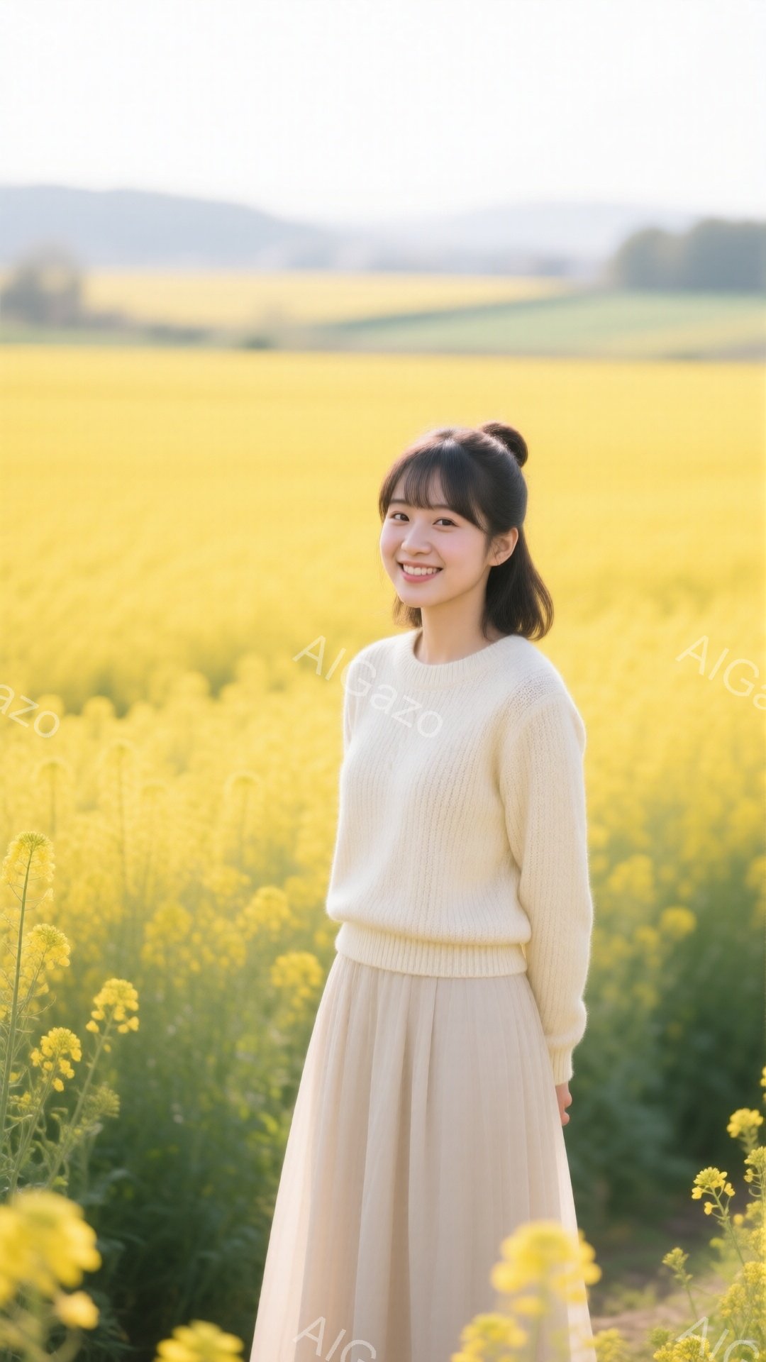 明るい黄色の菜の花畑で、ベージュのニットとスカートを着た若い女性が立っている。彼女は微笑んでおり、髪は後ろでゆるくまとめられている。背景には緑の丘が見え、穏やかな日差しが降り注ぎ、全体的に暖かく優しい - AI生成フリー素材