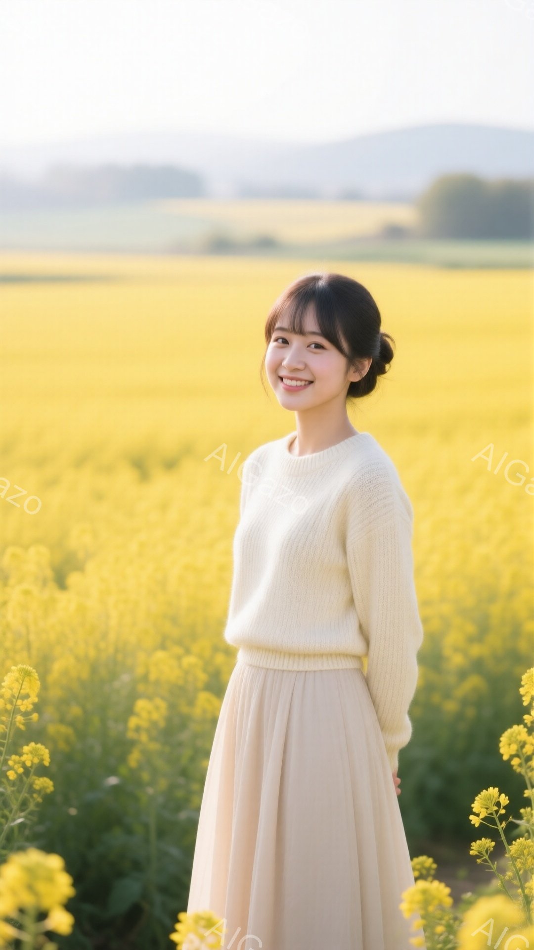 明るい菜の花畑で、ベージュのニットセーターとロングスカートを身につけた女性が微笑んでいる。髪は後ろでまとめており、顔には穏やかな表情が浮かんでいる。背景にはぼやけた緑の丘と青空が広がり、全体的に暖かく優しい雰囲気を醸し出している。