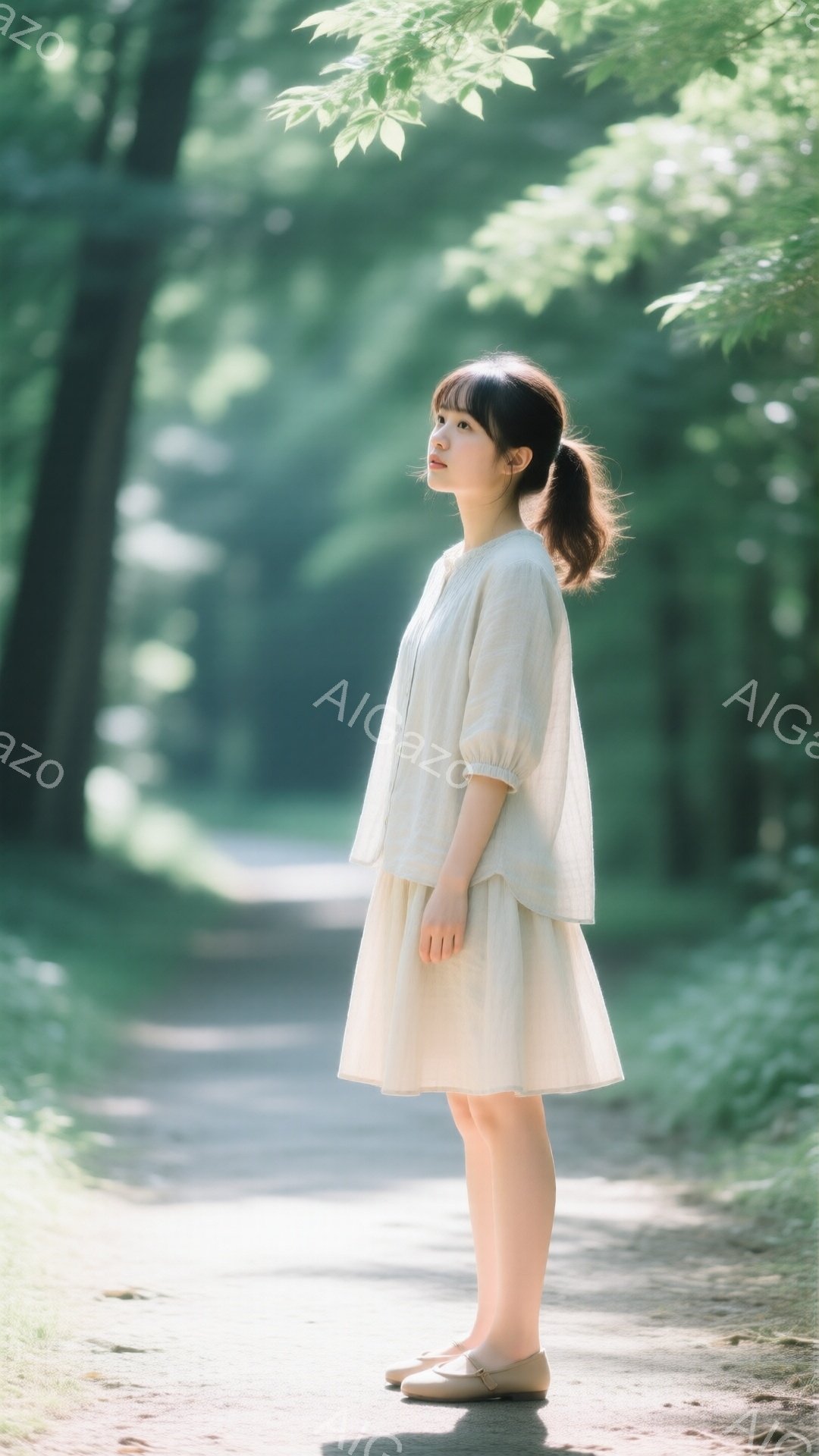 モデルは、クリーム色のゆったりとしたブラウスとスカートを身に着けて、横向きに立っています。彼女は髪をポニーテールにし、少し上目線で何かを見つめています。背景は緑豊かな木々に囲まれた遊歩道で、柔らかい光が差し込み、穏やかで静かな雰囲気を醸し出しています。