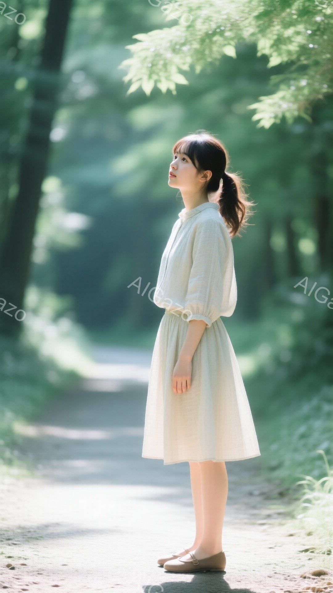 画像には、緑豊かな並木道に立つ若い女性が描かれています。彼女はクリーム色のゆったりとしたワンピースと、茶色のローファーを履いています。髪は後ろでひとつに結ばれており、顔は穏やかで少し上を見上げています。