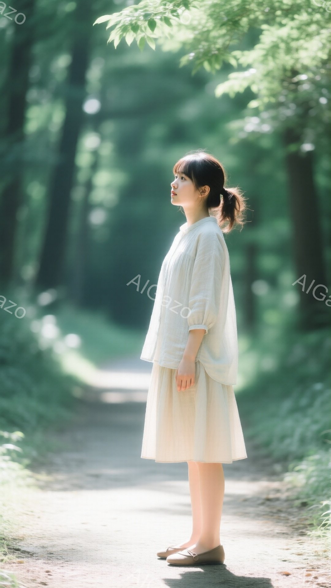 モデルはクリーム色のゆったりとしたブラウスとスカートを身に着け、足元は茶色のローファーを履いています。彼女は横向きに立ち、少し上を見つめ、髪は後ろで一つにまとめています。背景は緑豊かな木々に覆われた道で、太陽の光が差し込み、穏やかで自然な雰囲気を醸し出しています。