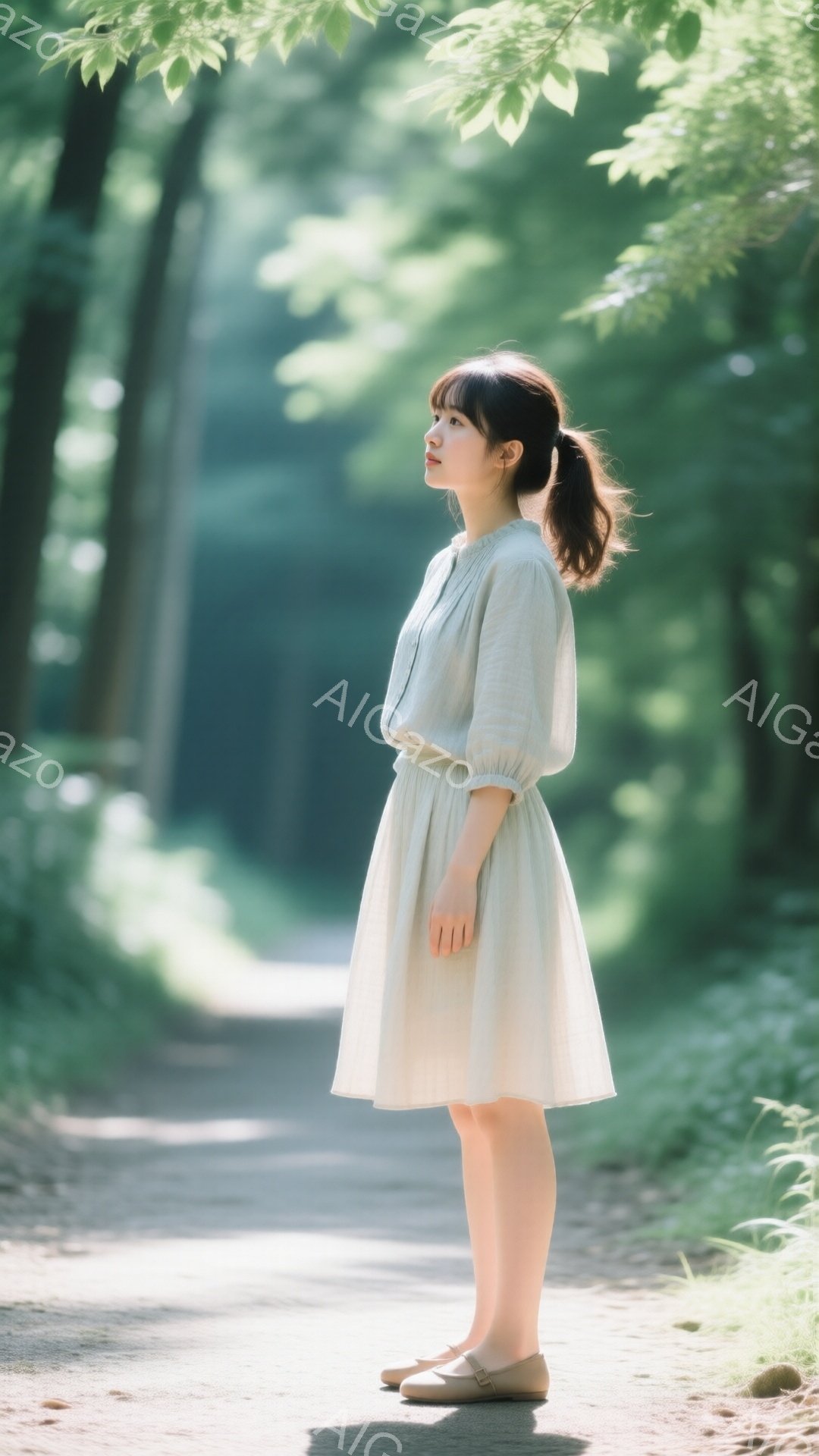 淡いベージュ色のワンピースを着た若い女性が、土道に沿って立っている。彼女は少し前を向いており、横顔で穏やかな表情をしている。背景は緑豊かな木々に囲まれた明るい林で、光が差し込み、全体的に柔らかく、穏やかな雰囲気を醸し出している。