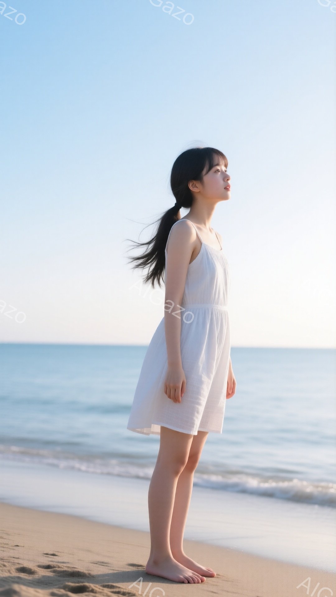 白いキャミソールワンピースを着た若い女性が砂浜に立っている。髪は後ろで一つに結ばれており、顔は横を向き、どこか遠くを見つめている。背景には穏やかな青い海と空が広がり、晴れた日の穏やかな雰囲気を醸し出している。