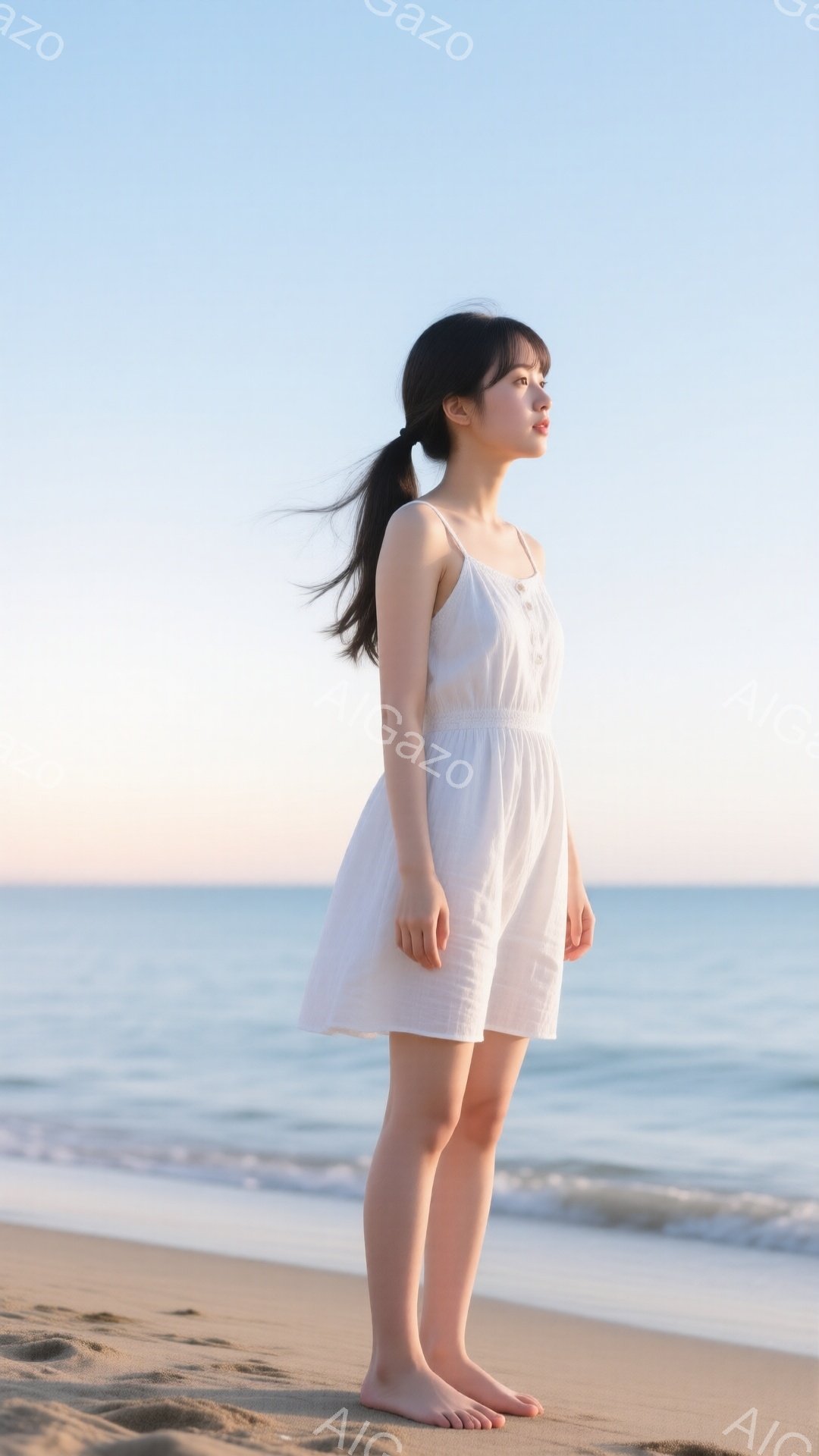 若い女性が砂浜に立っており、白いワンピースを着ています。彼女は髪を後ろでポニーテールにしており、横顔で遠くを見つめています。背景には穏やかな海と薄い青色の空が広がっており、夕暮れ時の静かで穏やかな雰囲気が漂っています。