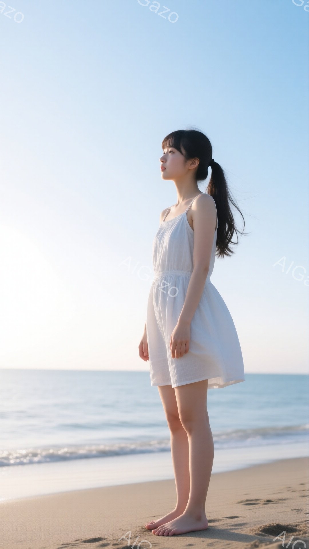 長い黒髪をポニーテールにした若い女性が、白いリネン素材のワンピースを着て砂浜に立っています。彼女は横顔で遠くを見つめ、穏やかで少し物憂げな表情をしています。背景には穏やかな海と空が広がり、柔らかな光が彼女を照らし、静かで穏やかな雰囲気を醸し出しています。
