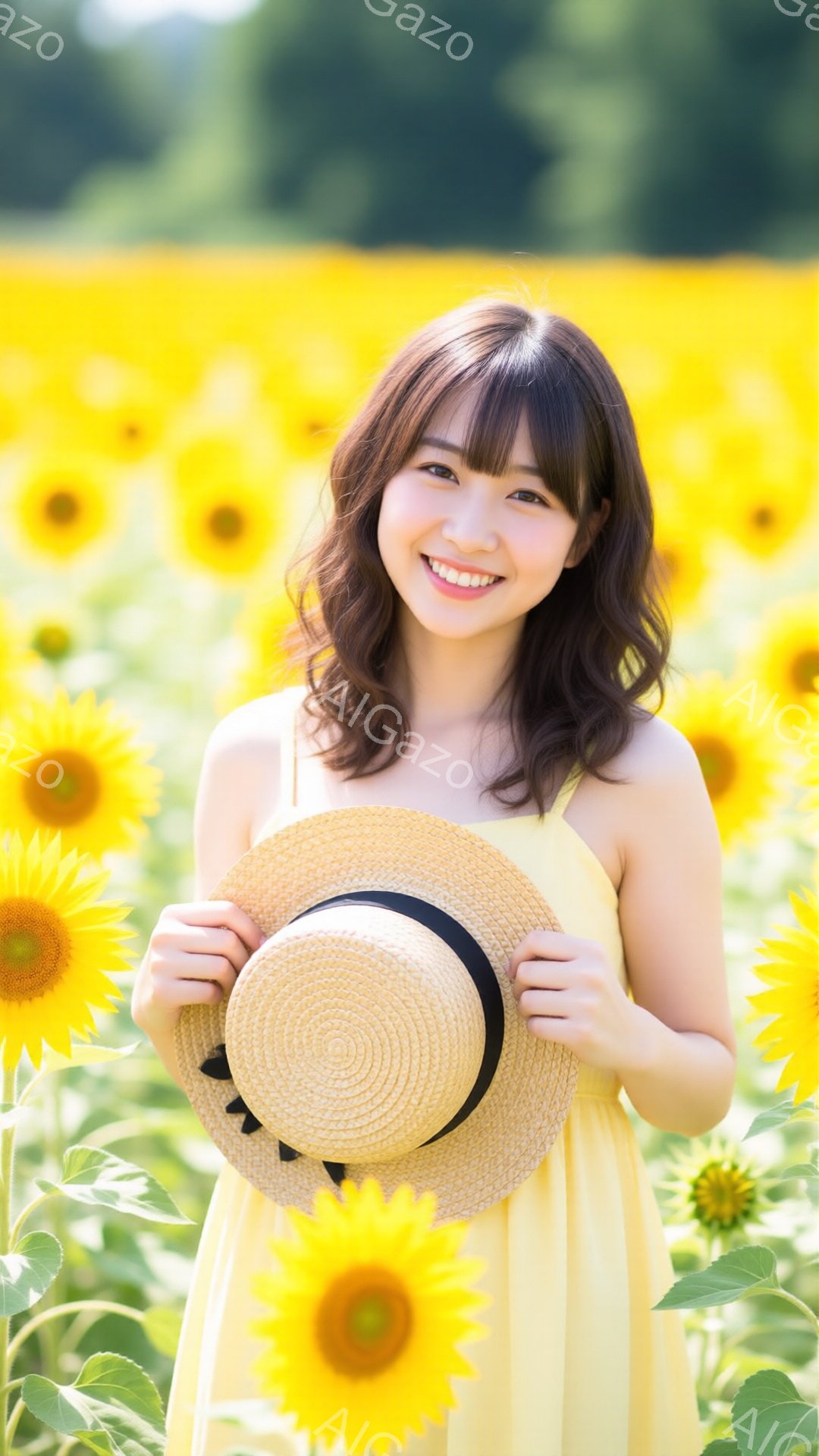 ひまわり畑で、黄色いキャミソールワンピースを着た若い女性が笑顔で立っています。彼女は麦わら帽子を両手で抱え、少しウェーブのかかった髪が肩にかかっています。背景は一面のひまわりで、明るい日差しが差し込み、全体的に温かく、幸せな雰囲気です。