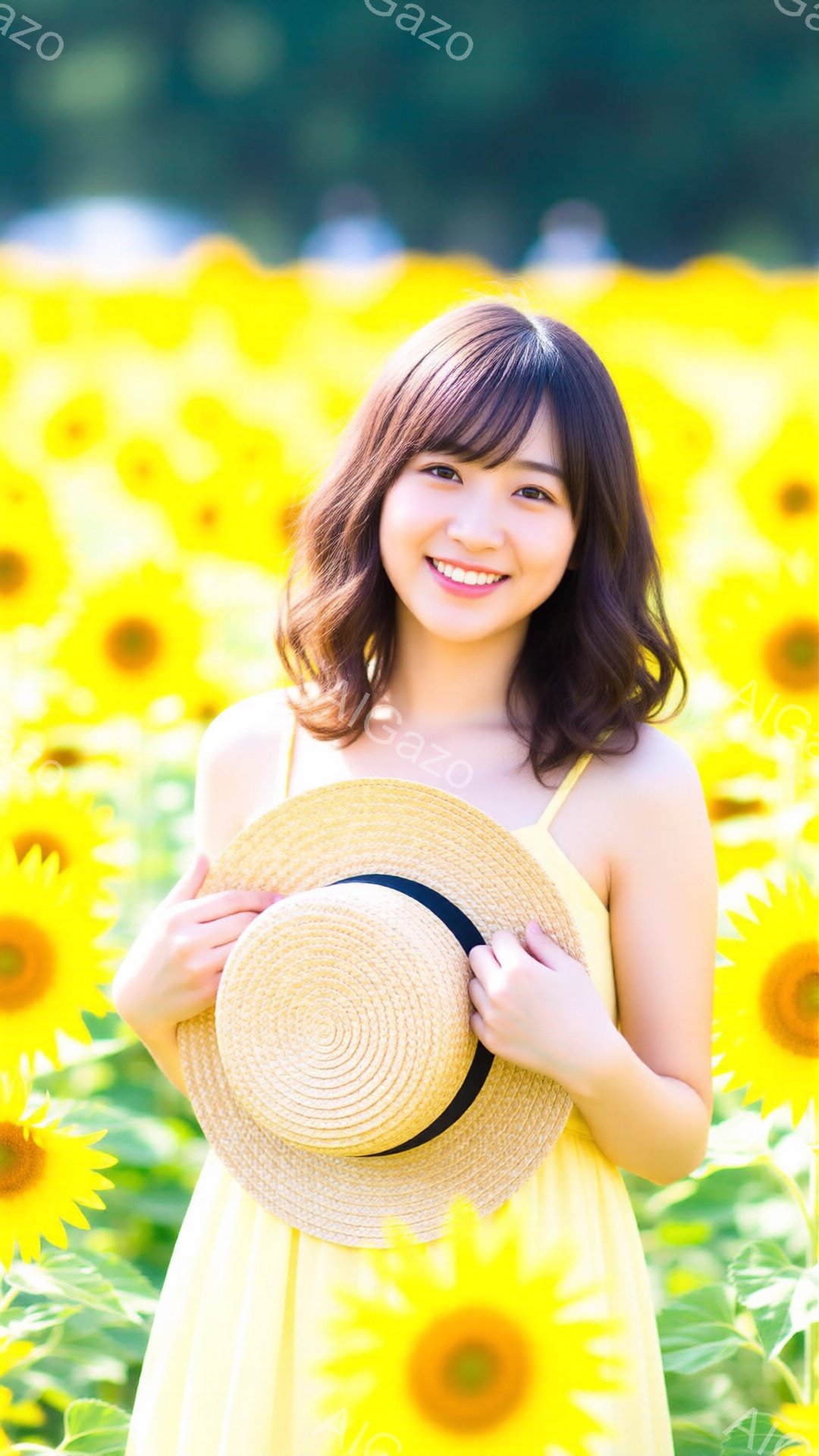 ひまわりの畑で、明るい笑顔の若い女性が写っています。黄色いキャミソールワンピースを着て、藁の帽子を抱え、肩までかかる茶髪が風になびいています。背景は一面のひまわり畑で、青空と緑の葉が夏の陽気を表現しています。