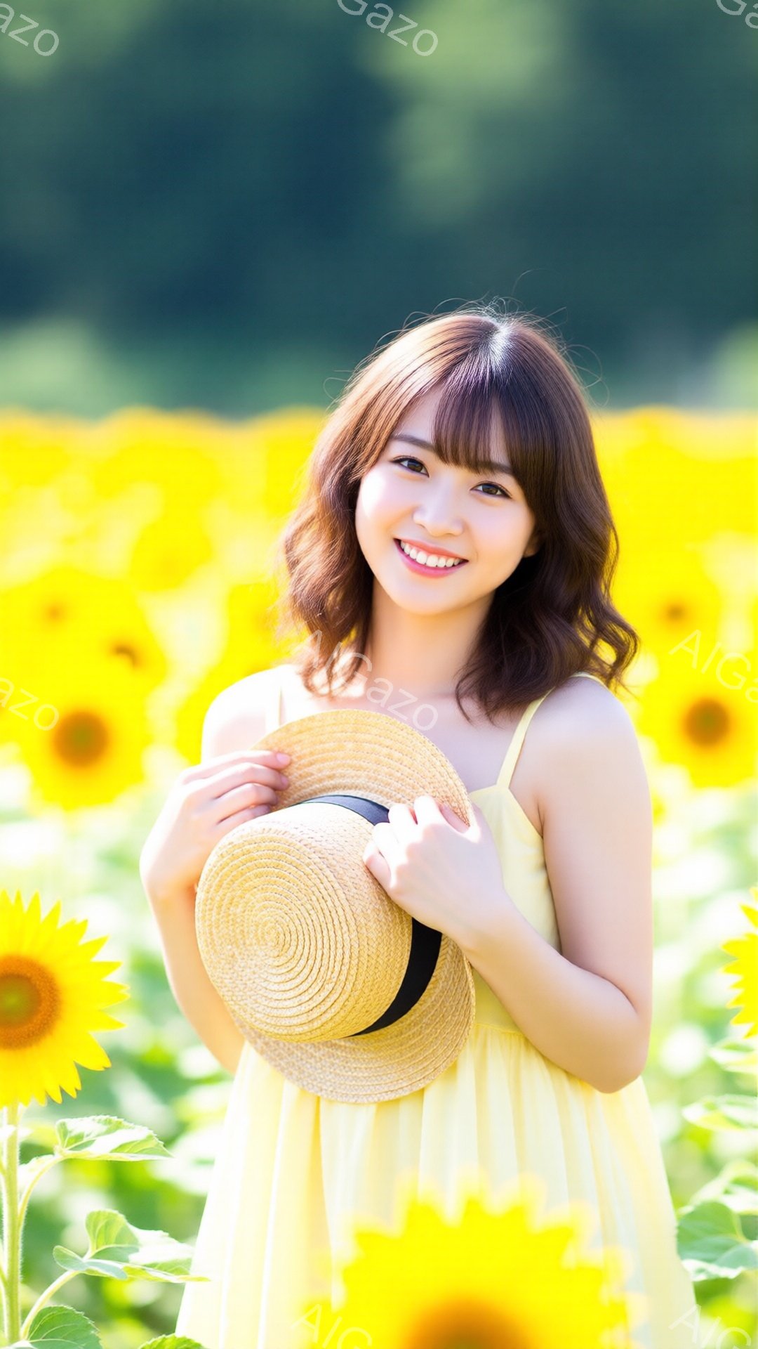 ひまわり畑で、黄色いワンピースを着た若い女性が笑顔で立っています。彼女は短い茶色の髪をしており、ストローハットを抱えています。背景は一面のひまわりで、明るく暖かい雰囲気です。