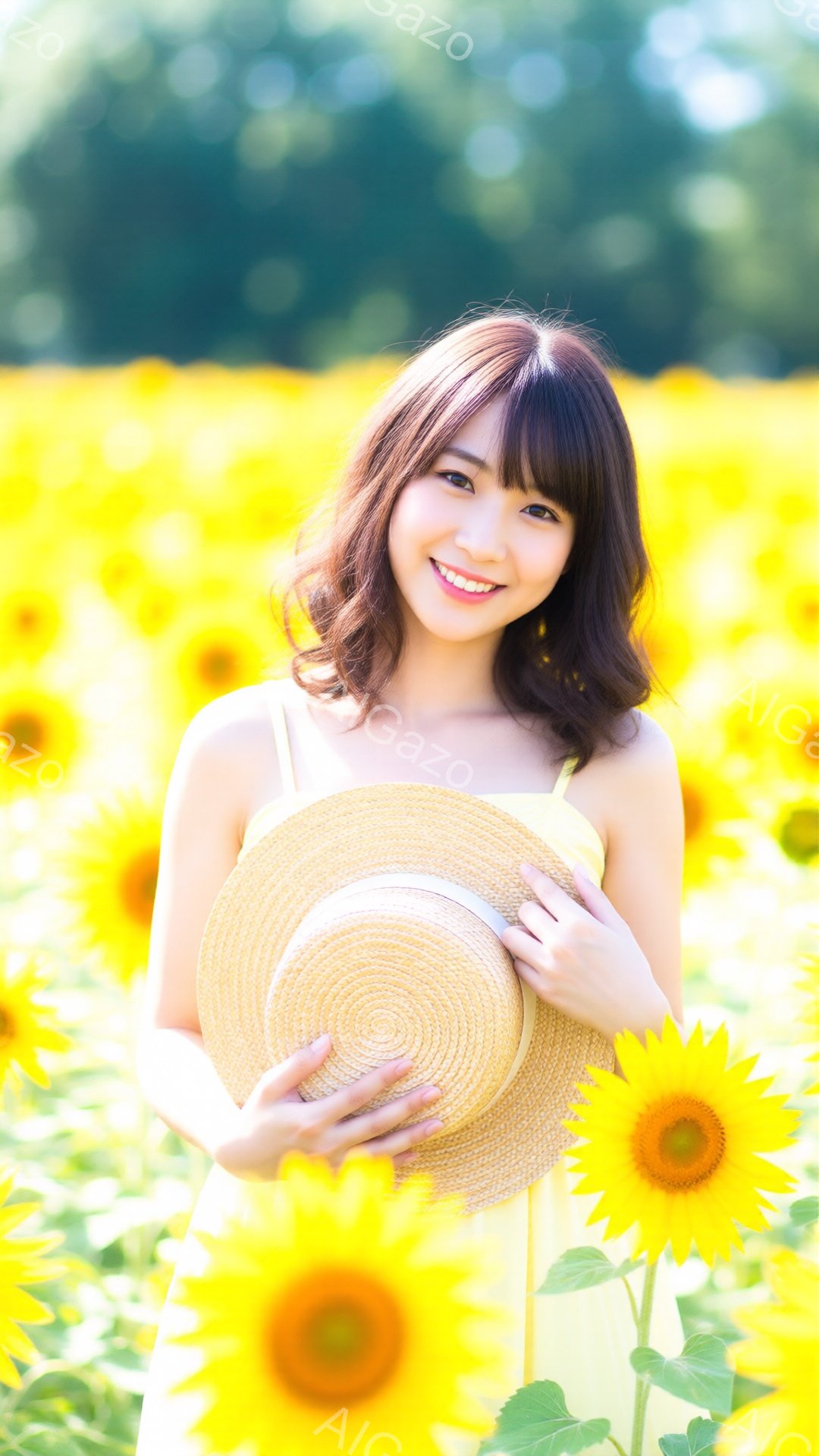 ひまわり畑で、明るい笑顔の若い女性が映っています。彼女は薄い黄色のワンピースを着ており、少しカールした茶色の髪は肩にかかっています。彼女は麦わら帽子を胸の前で抱え、背景には一面に広がるひまわりの花が咲き乱れており、晴れた日の暖かい雰囲気が伝わってきます。
