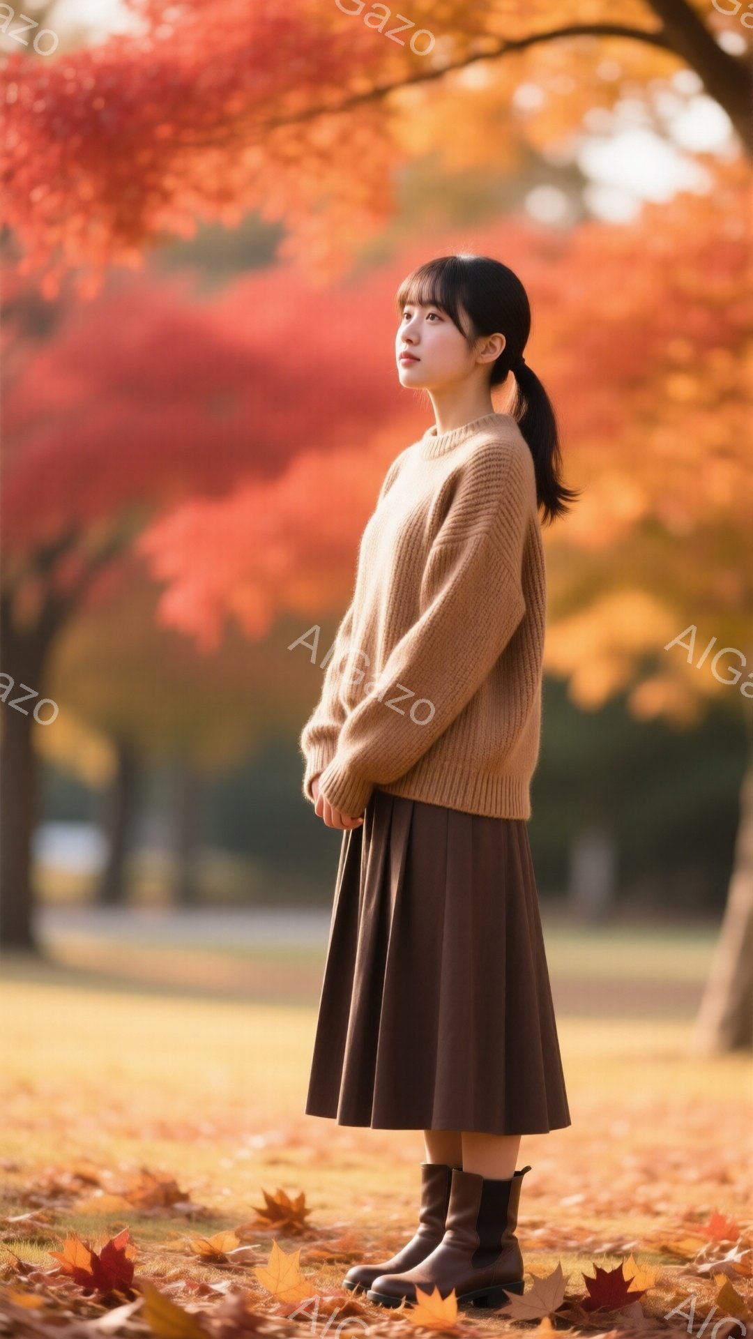 明るい茶色のセーターとダークブラウンのミモレ丈スカートを身に着けた女性が、薄暗いブーツを履いて立っています。彼女は軽く前かがみになり、遠くを見つめています。背景には鮮やかな赤色の紅葉が広がり、地面にも落ち葉が散らばっており、穏やかで暖かい秋の雰囲気を醸し出しています。