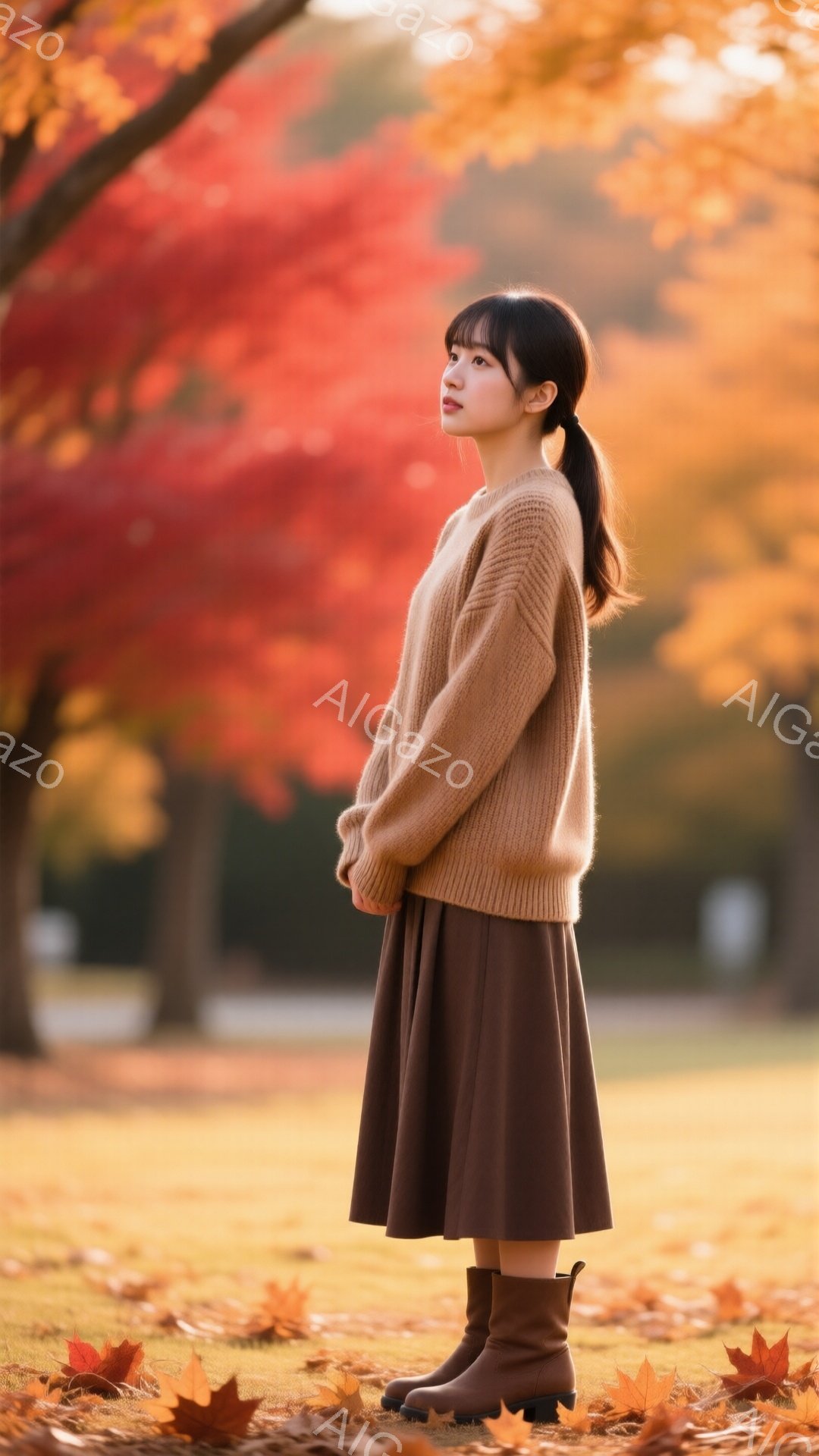 明るい栗色のセーターと、濃い茶色のフレアスカートを身に着けた若い女性が、少し横を向いて立っている。彼女は暗めの茶色で、ひざ丈のブーツを履いており、前髪を下ろしたロングヘアは後ろで緩く結ばれている。背景 - AI生成フリー素材