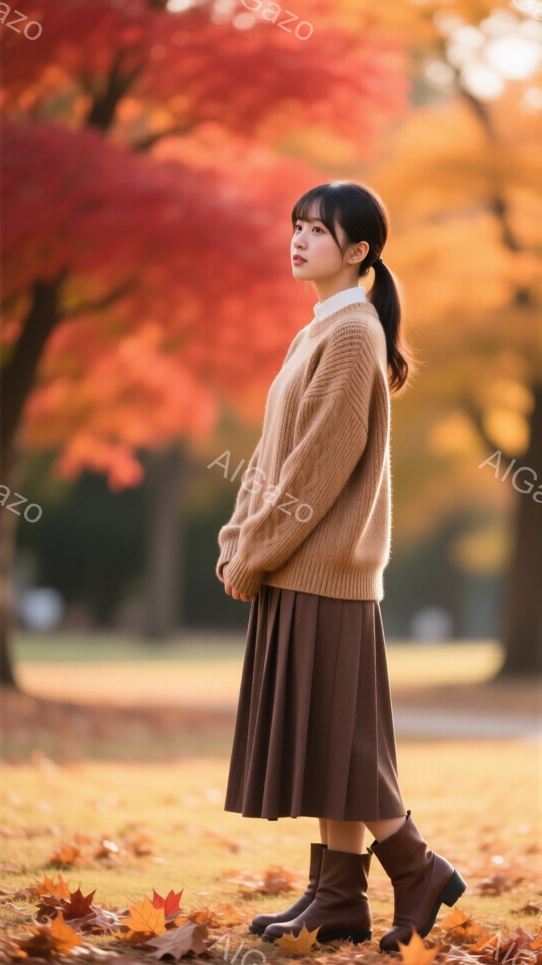明るい栗色の髪をハーフアップにした若い女性が、暖かいセーターと茶色のプリーツスカート、ブーツ姿で立っています。彼女は少し横を向き、遠くを見つめており、表情は穏やかです。背景には鮮やかな赤色の紅葉と緑の芝生が広がり、秋の暖かく柔らかな光が降り注いでいます。