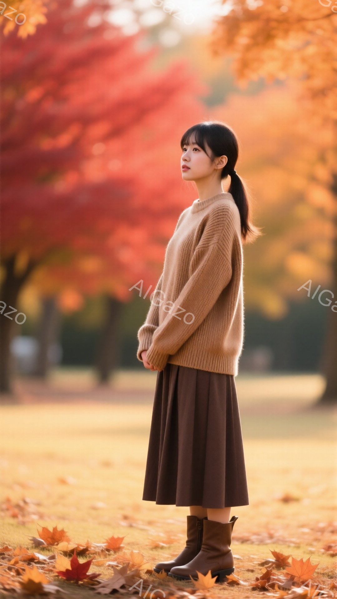 長い茶色の髪をハーフアップにした若い女性が、ベージュのセーターと茶色のミディスカート、ブーツ姿で立っている。彼女は少し顔を上げ、遠くを見つめるように視線をやっている。背景には鮮やかな赤色の紅葉と、柔らかい光が差し込む自然豊かな公園が広がっており、穏やかで物憂げな秋の雰囲気が漂っている。