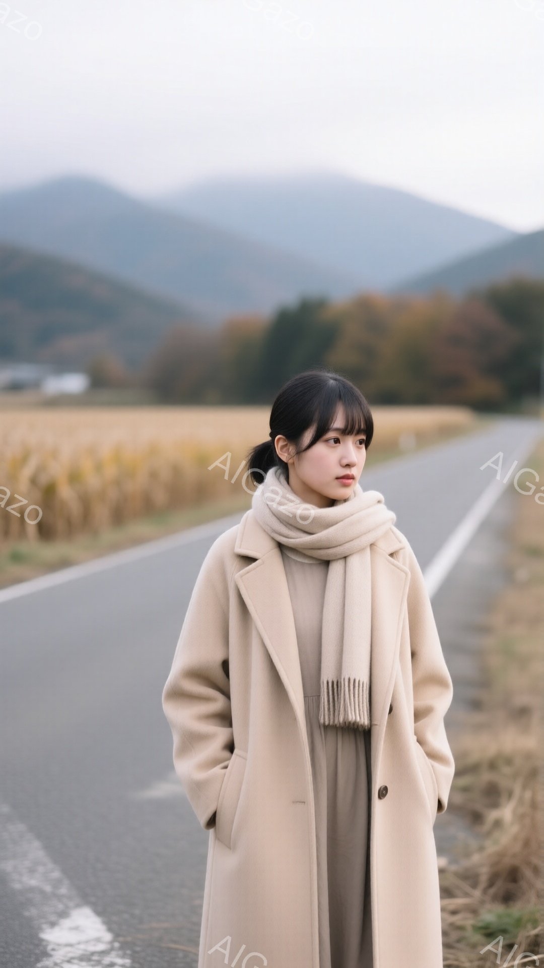 茶髪のショートヘアで、前髪は眉毛にかかる程度に整えられた女性が、ベージュ色のコートとスカーフを身につけて立っている。彼女は道路の脇に立ち、少しうつむき加減で遠くを見つめているような表情をしており、落ち着いた雰囲気を醸し出している。背景にはアスファルトの道路、黄金色のトウモロコシ畑、そして霞んだ山々が広がっており、秋の寂しげで穏やかな風景が広がっている。