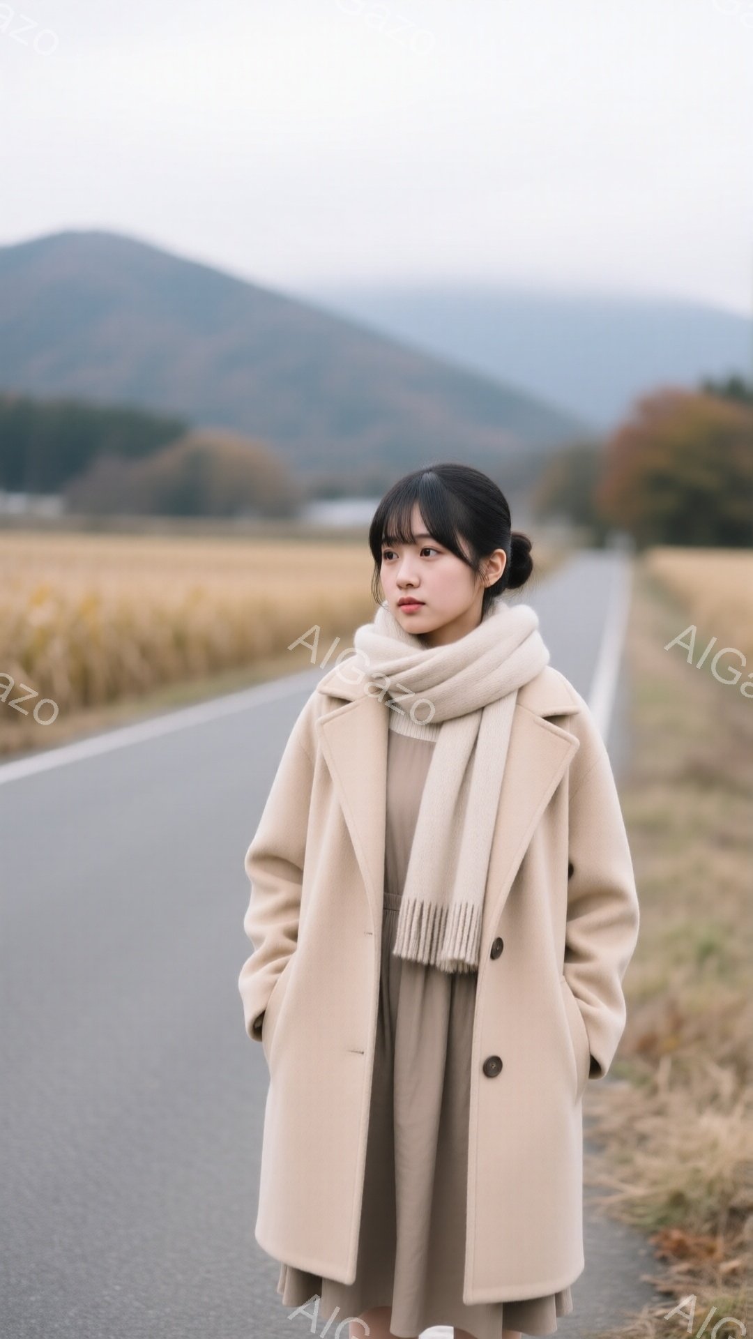 若い女性がベージュのコートとスカーフを身に着け、薄い茶色のワンピースを着ています。彼女は手をポケットに入れ、少し憂いを帯びた表情で遠くを見つめています。背景にはアスファルトの道と黄金色の田んぼが広がり、遠くには霞んだ山々が見えます。
