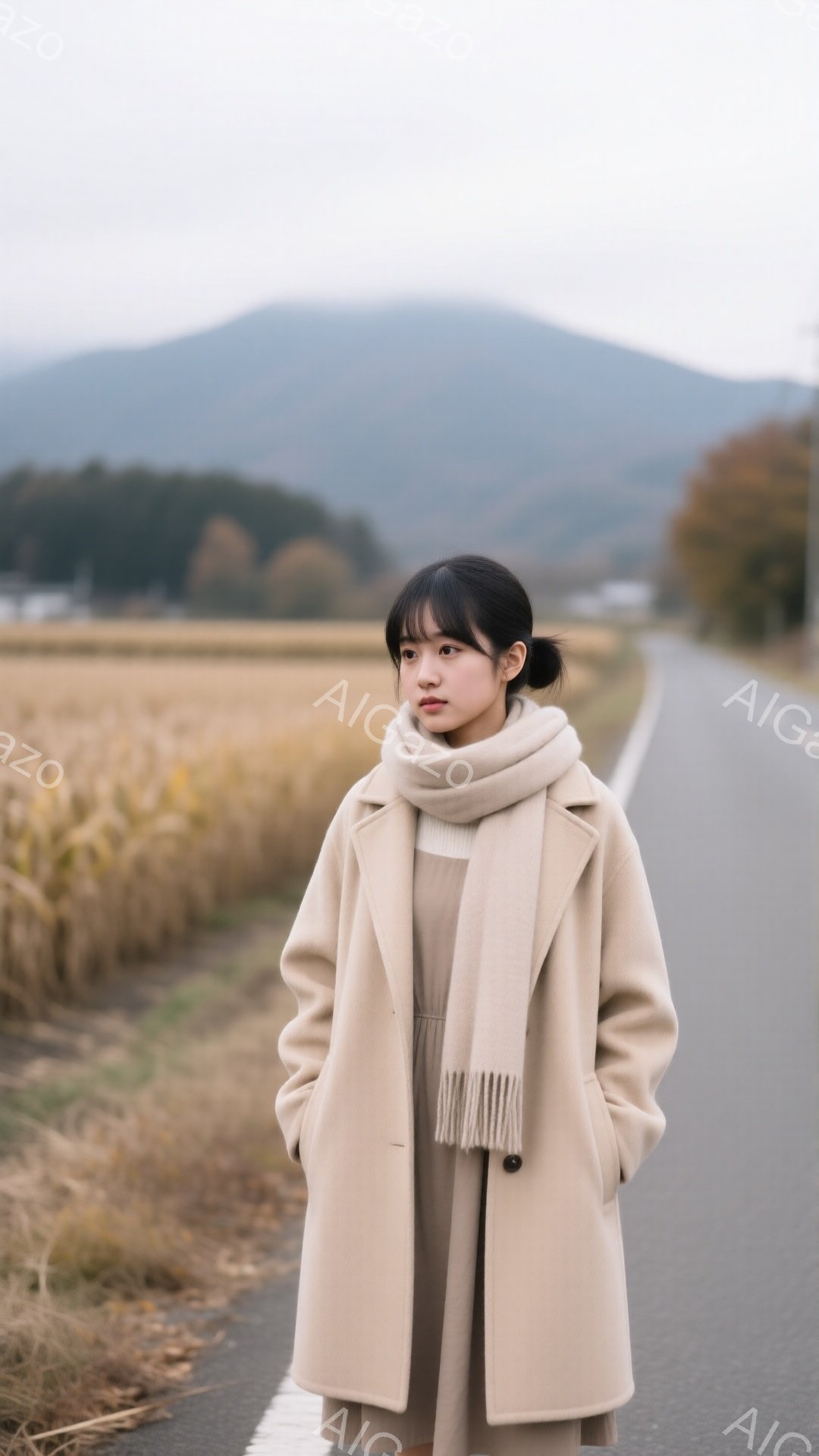 浅いベージュ色のコートとスカーフを身に着けた若い女性が、アスファルトの道路の脇に立っている。彼女は黒髪のストレートヘアで、やや憂いを帯びた表情で遠くを見つめている。背景には乾燥した草原と霞んだ山々が広がり、全体的に静かで物憂げな雰囲気を醸し出している。