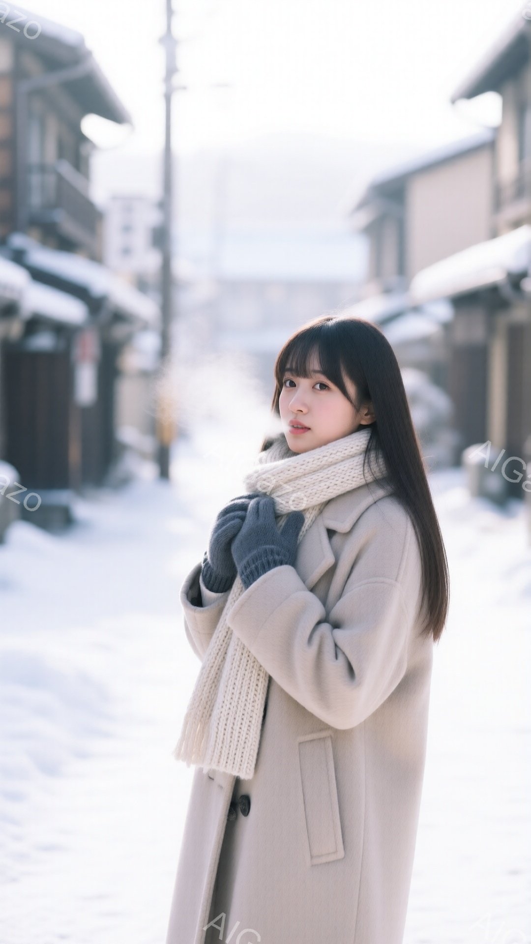 長い黒髪を下ろした若い女性が、クリーム色のオーバーコートとオフホワイトのニットマフラーを身に着けて立っています。彼女は灰色の手袋を着用し、少し微笑み、カメラの方を見ています。背景は雪に覆われた古い街並みで、伝統的な建物が並び、冬の静かな雰囲気を醸し出しています。