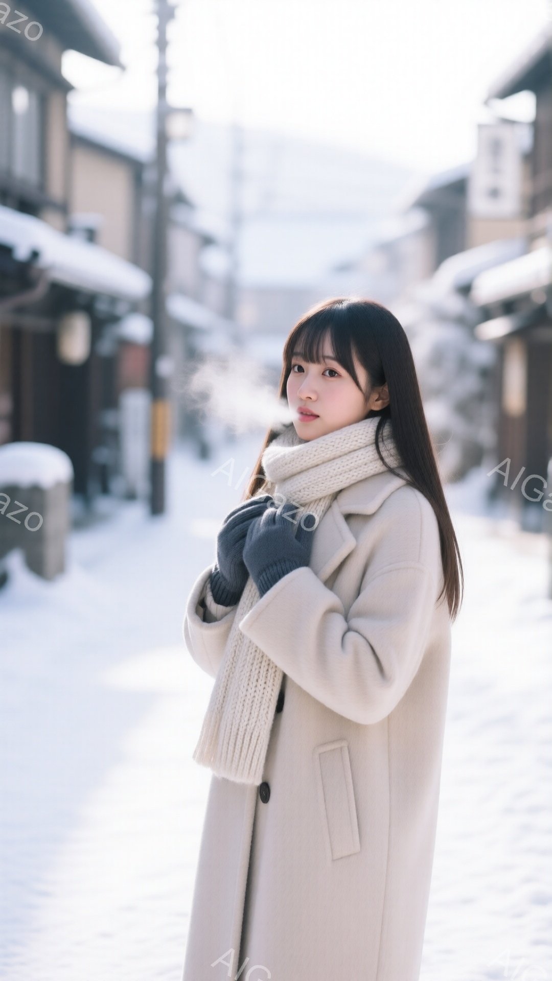 長い黒髪をセンターパートにした若い女性が、オフホワイトのコートとマフラー、濃いグレーの手袋を着て立っています。彼女は腕を組んでおり、少し微笑んでカメラを見ています。背景は雪に覆われた古い街並みで、伝統的な木造建築が並び、冬の静かで穏やかな雰囲気を醸し出しています。