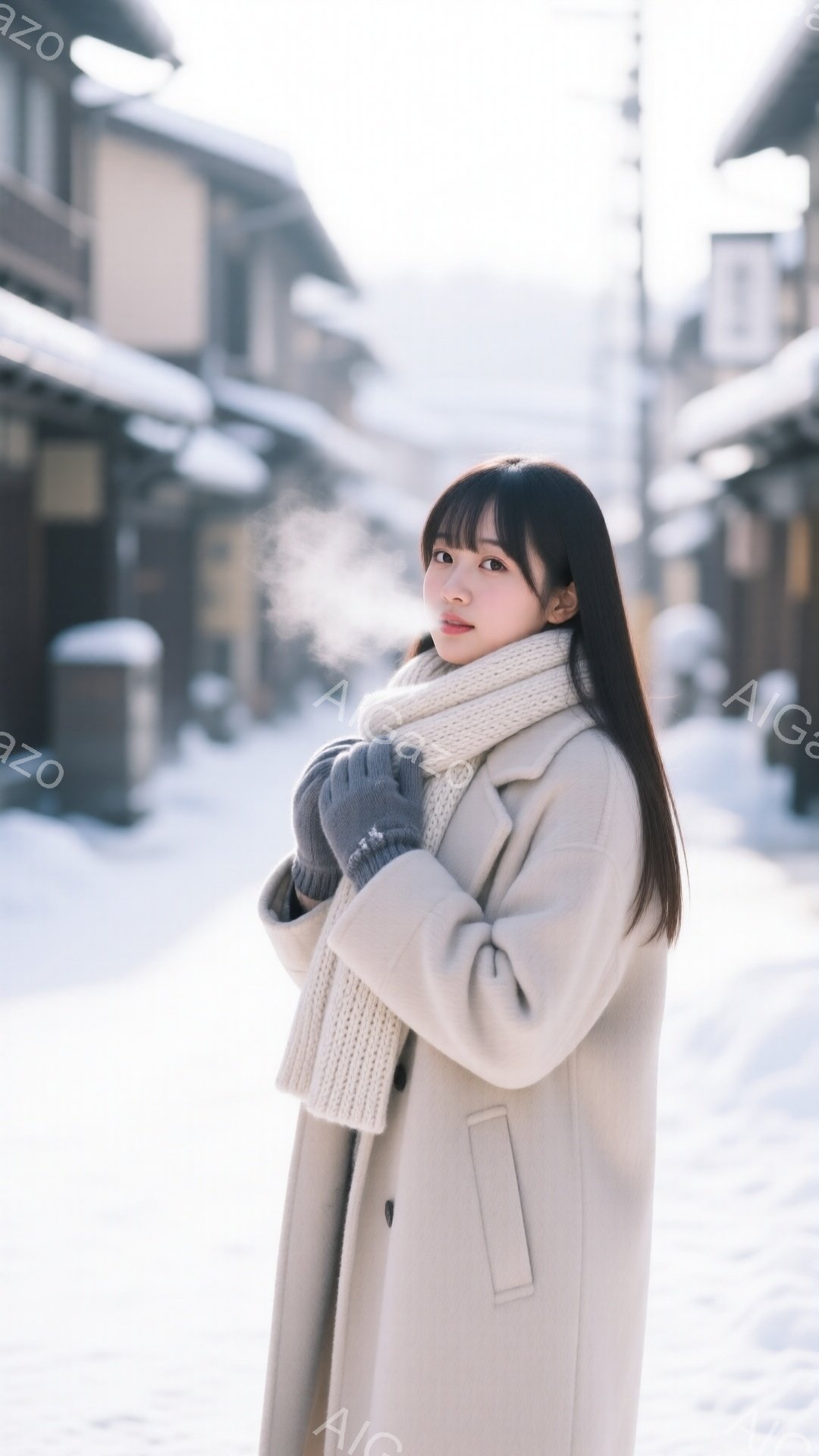 長い黒髪をセンターパートにした女性が、ベージュ色のロングコートとグレーのニット帽、手袋を着用し、雪の降る街並みに立っている。彼女は少し微笑み、カメラの方を見つめており、腕を組んで寒さから身を守っているようだ。背景には伝統的な木造建築が並び、雪景色が冬の静けさと趣を演出している。