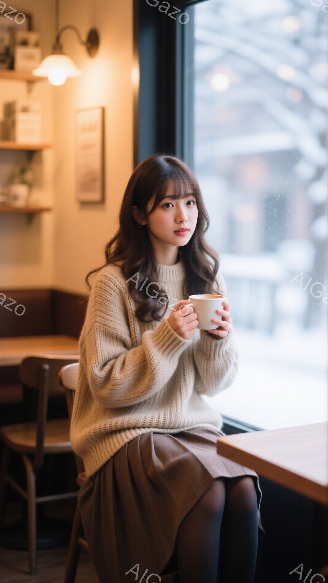 明るい茶髪の女性が、窓際の席で温かい飲み物を両手で抱えています。オフホワイトのざっくりとしたセーターと、落ち着いた茶色のロングスカートを身につけ、控えめながらも優しい微笑みを浮かべています。窓の外は雪 - AI生成フリー素材