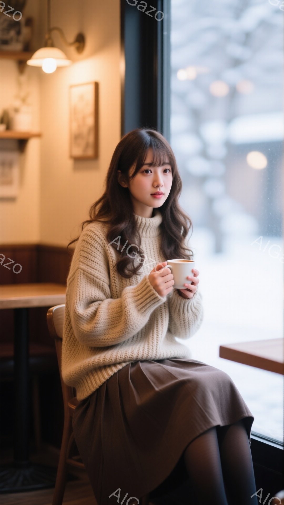 長い茶色の髪を無造作に下ろし、前髪が眉毛にかかる女性が、窓際の椅子に座って温かい飲み物を手にしている。ベージュのざっくりとしたニットと、ダークブラウンのロングスカートを合わせ、タイツを履いている。窓の外は曇り空で、ぼんやりとした街並みが見え、店内の柔らかな光と相まって、穏やかで少し物憂げな雰囲気が漂っている。