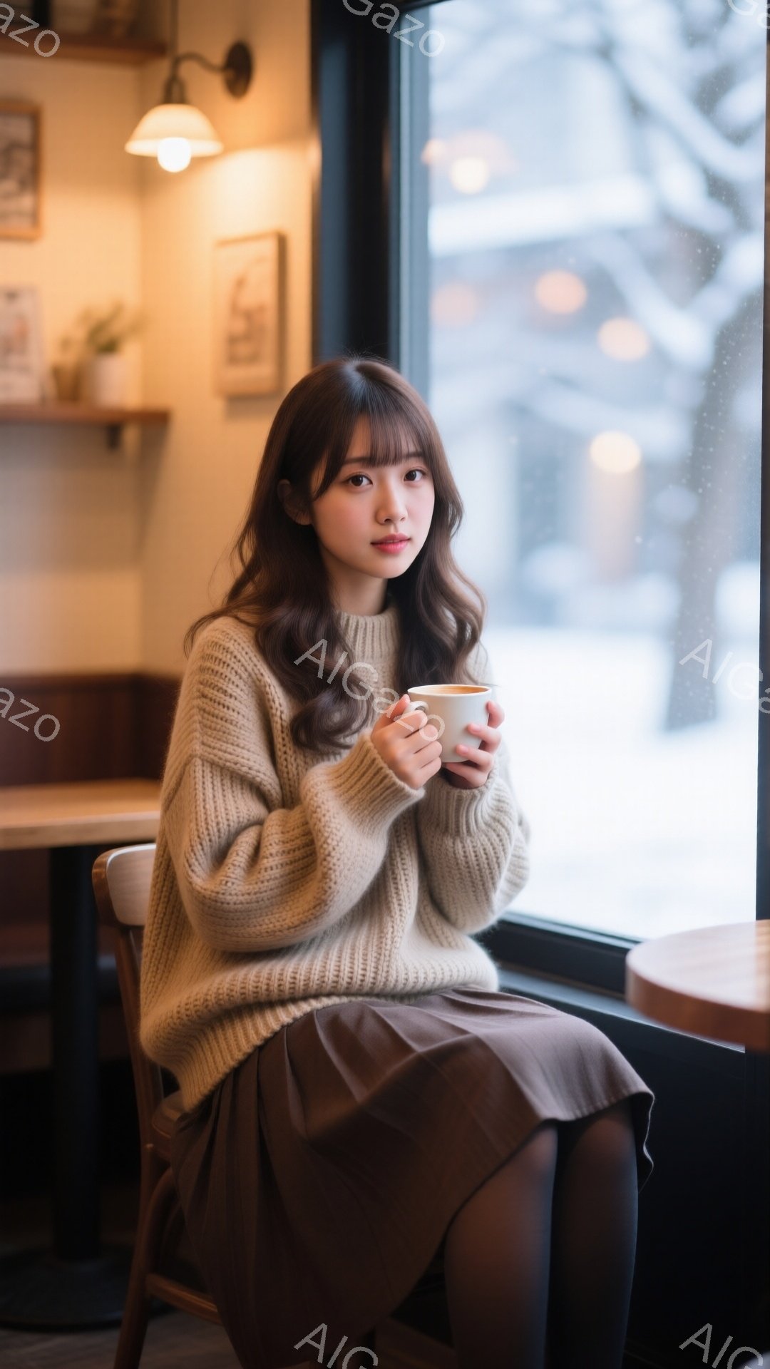 長い茶色の髪を無造作にウェーブさせた女性が、ベージュのざっくりとしたニットと茶色のスカートを身につけている。彼女は両手で温かい飲み物を抱え、窓の外を穏やかな表情で眺めている。背景には雪が降る街並みが見え、暖かく落ち着いたカフェの雰囲気が漂っている。